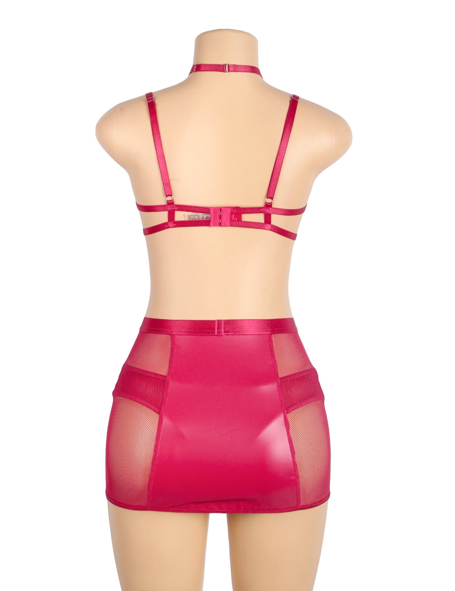 Hot Pink PU Leather Mesh Halter Lingerie Set – Chest Cut - Out, Bow Detail, Steel Ring Bra, Wrap Skirt & Adjustable Garters - TeaseFashion