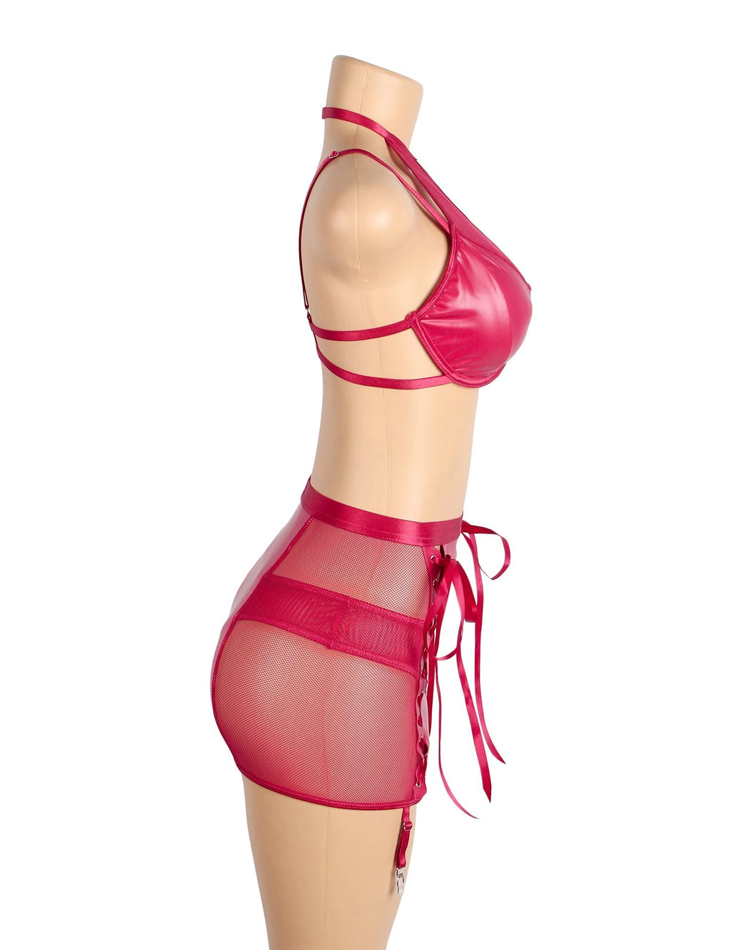 Hot Pink PU Leather Mesh Halter Lingerie Set – Chest Cut - Out, Bow Detail, Steel Ring Bra, Wrap Skirt & Adjustable Garters - TeaseFashion