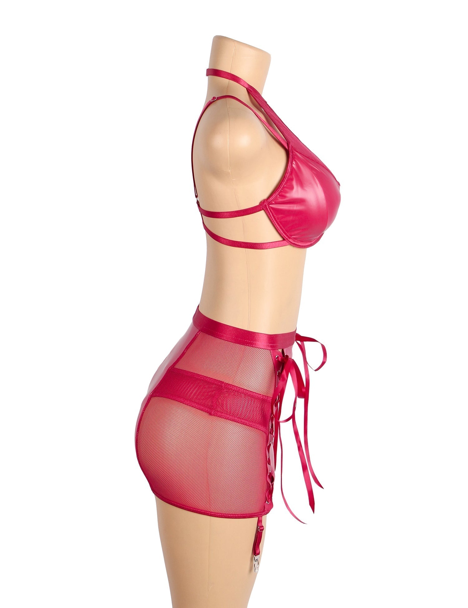 Hot Pink PU Leather Mesh Halter Lingerie Set – Chest Cut - Out, Bow Detail, Steel Ring Bra, Wrap Skirt & Adjustable Garters - TeaseFashion