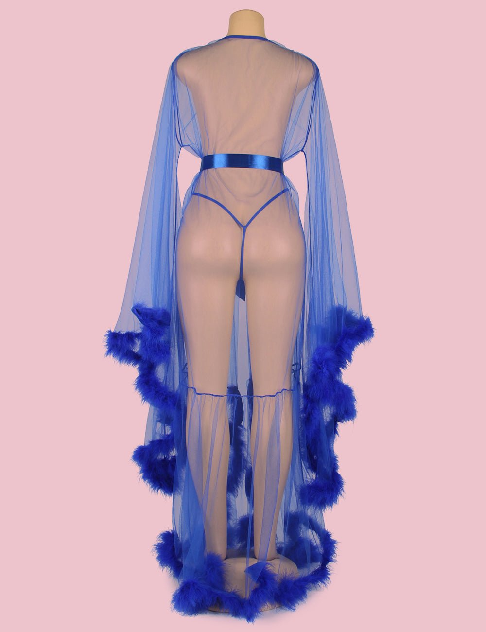 Hot Sale Blue Long Sleeves Fur Nightgowns with Belt - TeaseFashion