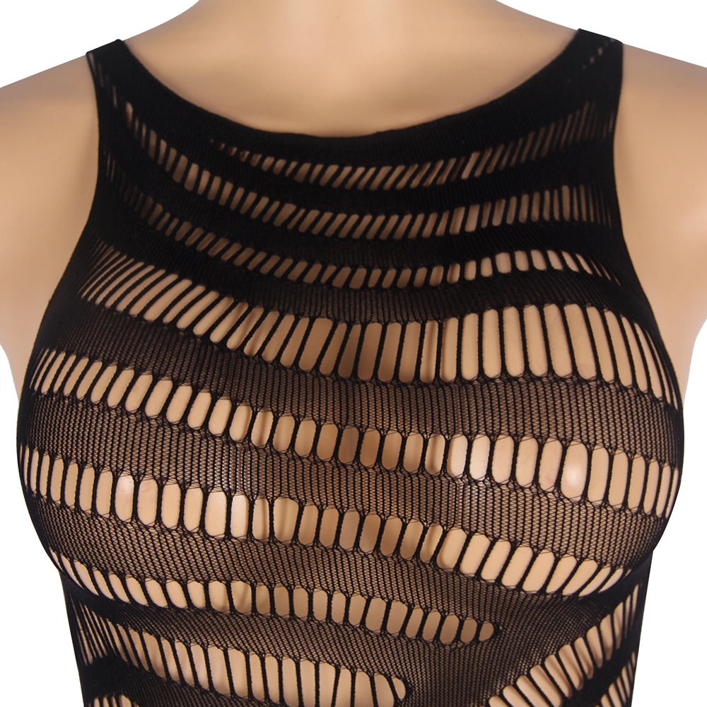 Jacquard Nylon Bodystocking with Fishnet & Striped Mesh, Sleeveless Backless Design & Curve - Fitting Hip - TeaseFashion