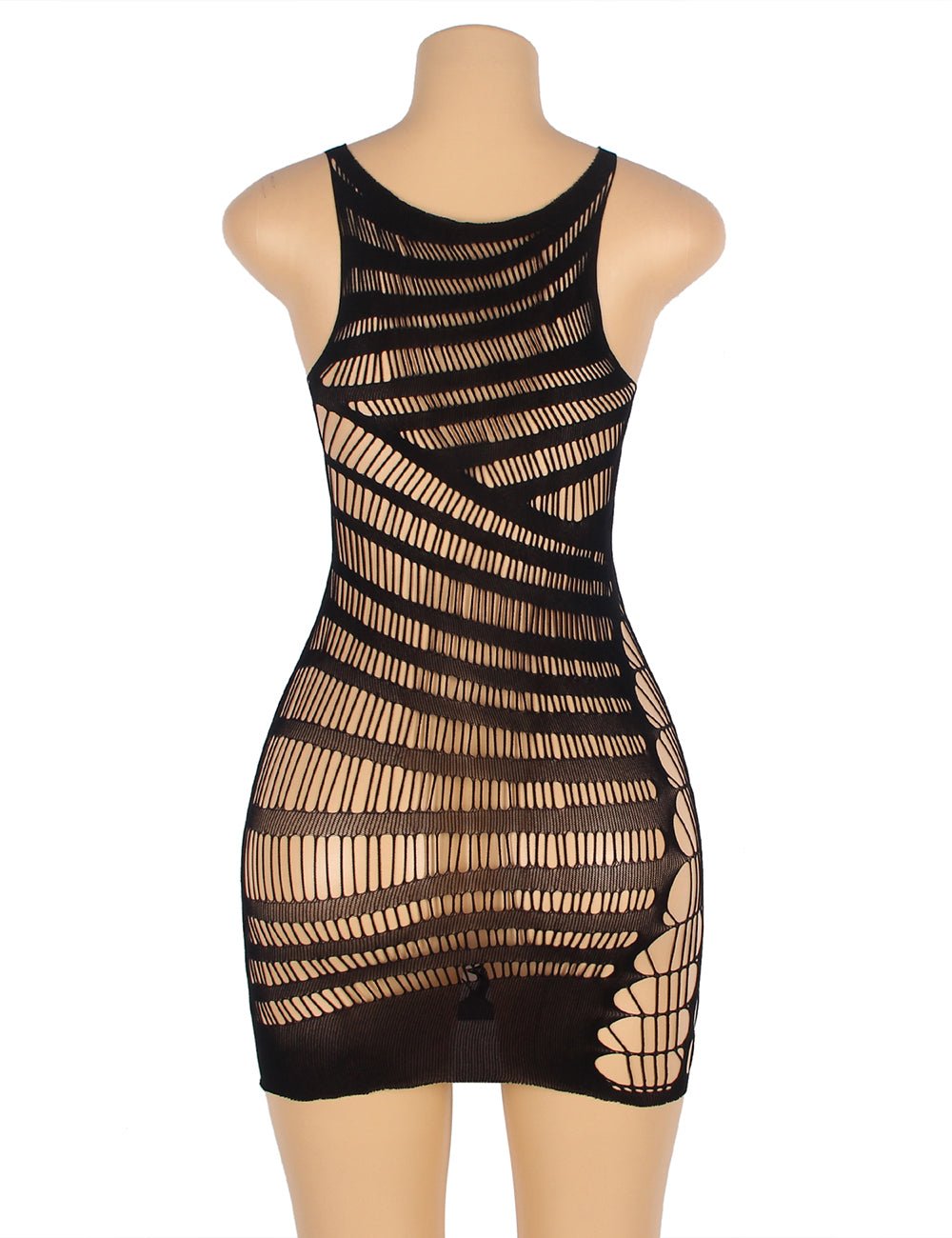 Jacquard Nylon Bodystocking with Fishnet & Striped Mesh, Sleeveless Backless Design & Curve - Fitting Hip - TeaseFashion