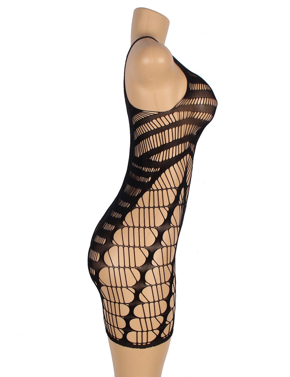 Jacquard Nylon Bodystocking with Fishnet & Striped Mesh, Sleeveless Backless Design & Curve - Fitting Hip - TeaseFashion