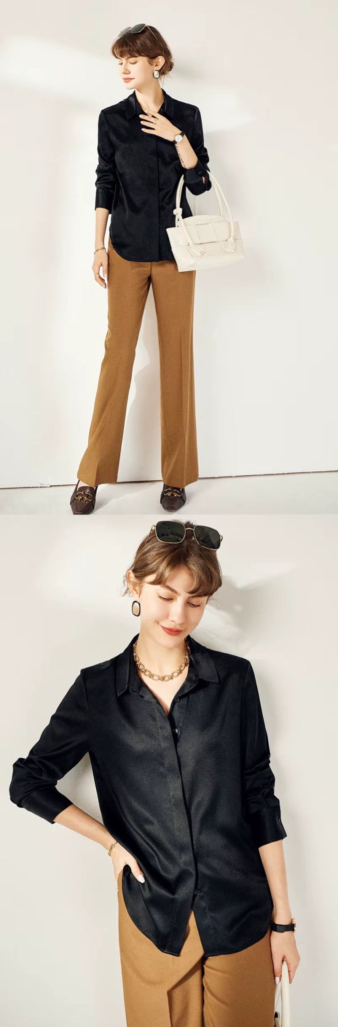 Jet Black Silk Lady Casual Shirt - TEASEFASHION