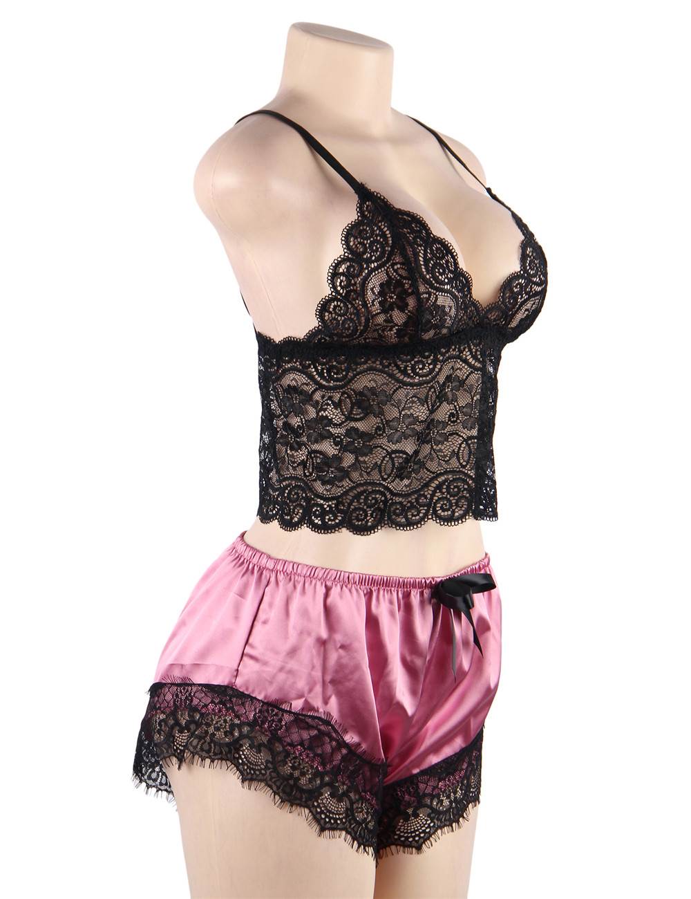 Lace Camisole & Silk Eyelash Lace Pyjama Set – Cropped Top with Bow - Detail Pants - TeaseFashion