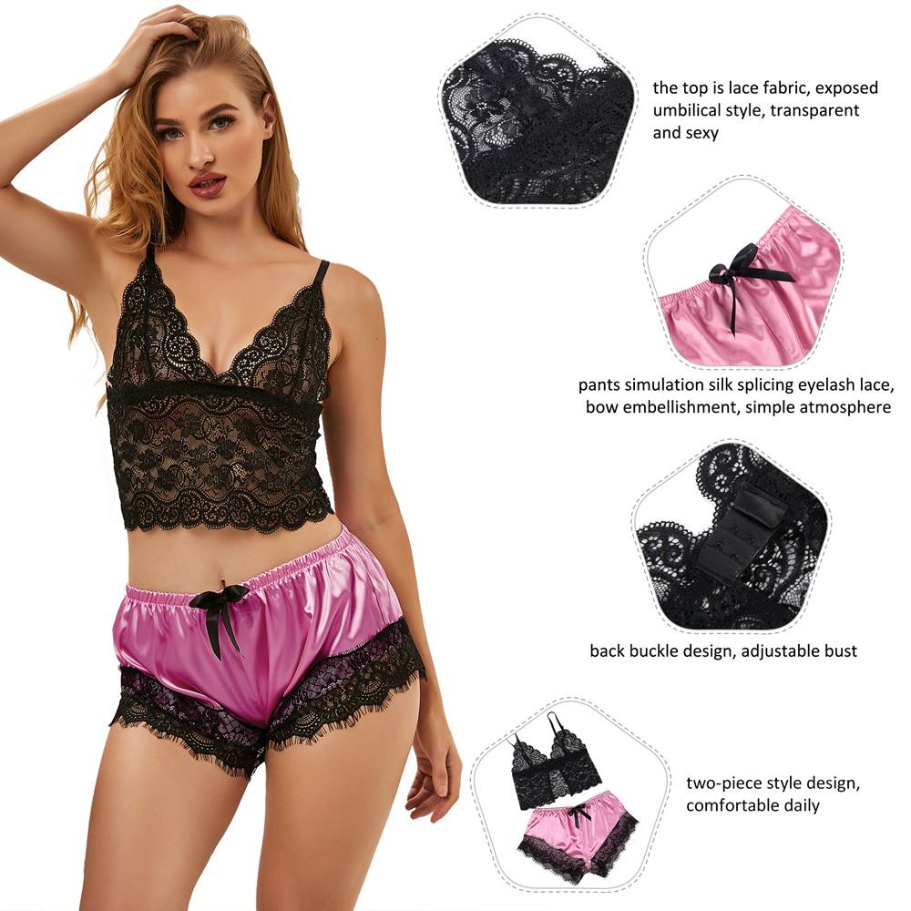 Lace Camisole & Silk Eyelash Lace Pyjama Set – Cropped Top with Bow - Detail Pants - TeaseFashion
