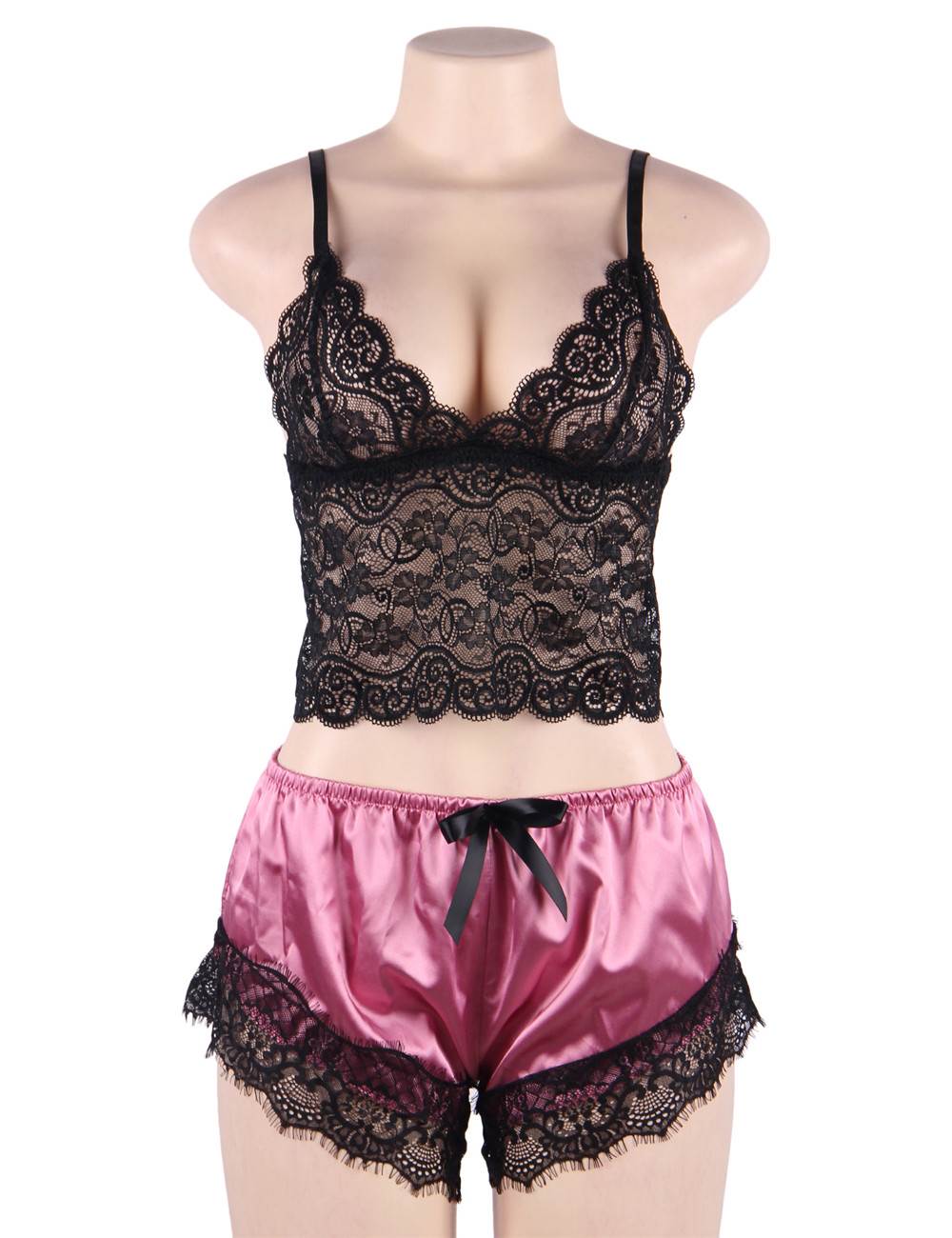 Lace Camisole & Silk Eyelash Lace Pyjama Set – Cropped Top with Bow - Detail Pants - TeaseFashion