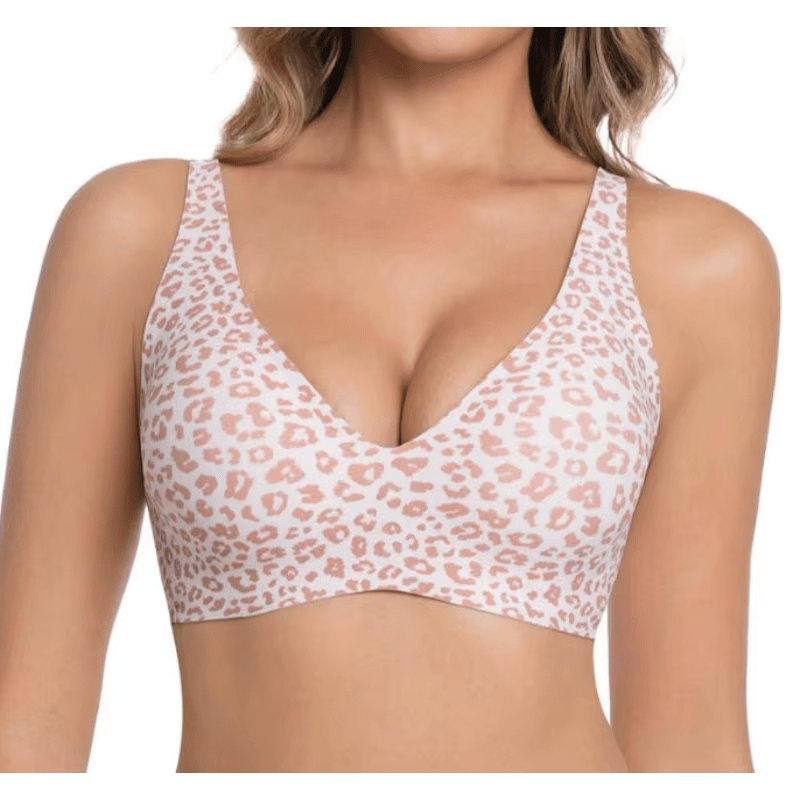 Leopard Pink Jelly Bra Wireless Womens Comfortable Push up Bralettes Seamless Tshirts Deep V Back Closure Everyday Bras - TEASEFASHION