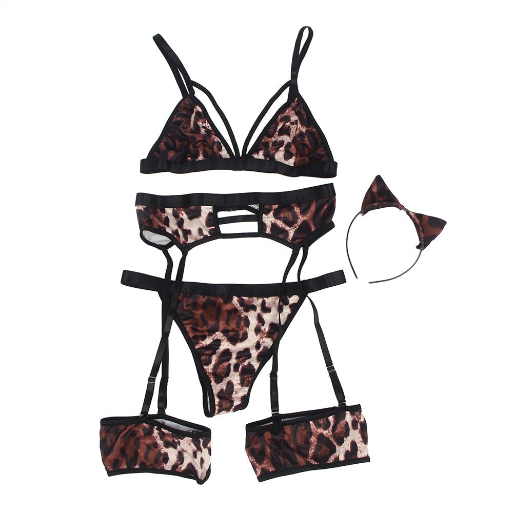 Leopard Print Bra & Garter Set – Detachable Leg Ring - TeaseFashion