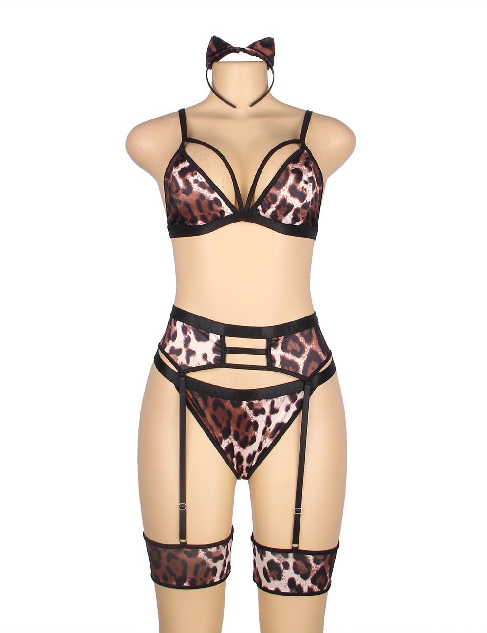 Leopard Print Bra & Garter Set – Detachable Leg Ring - TeaseFashion