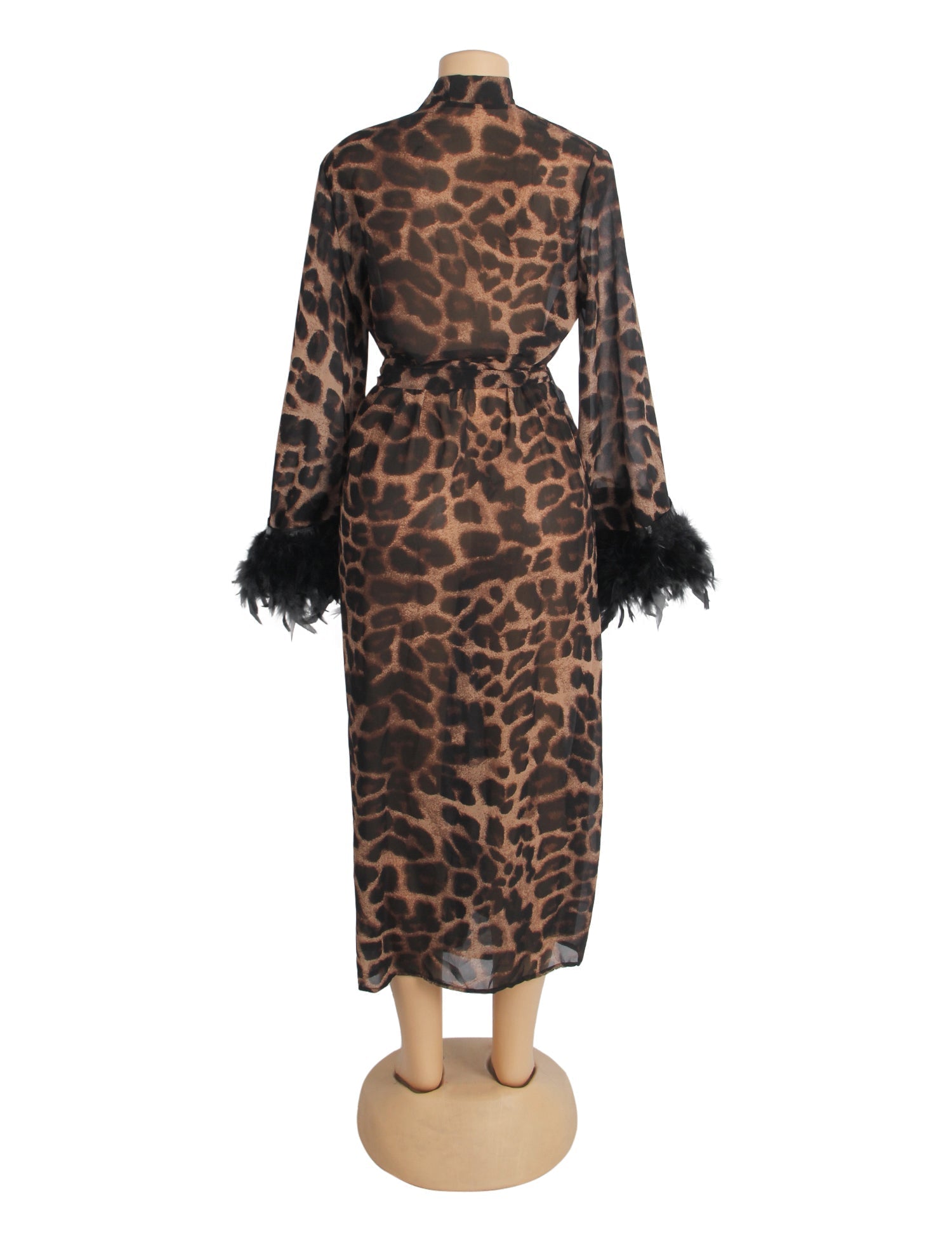Leopard Print Chiffon Robe – Detachable Feather Cuffs, Open Front & Belt - TeaseFashion