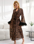 Leopard Print Chiffon Robe – Detachable Feather Cuffs, Open Front & Belt - TeaseFashion