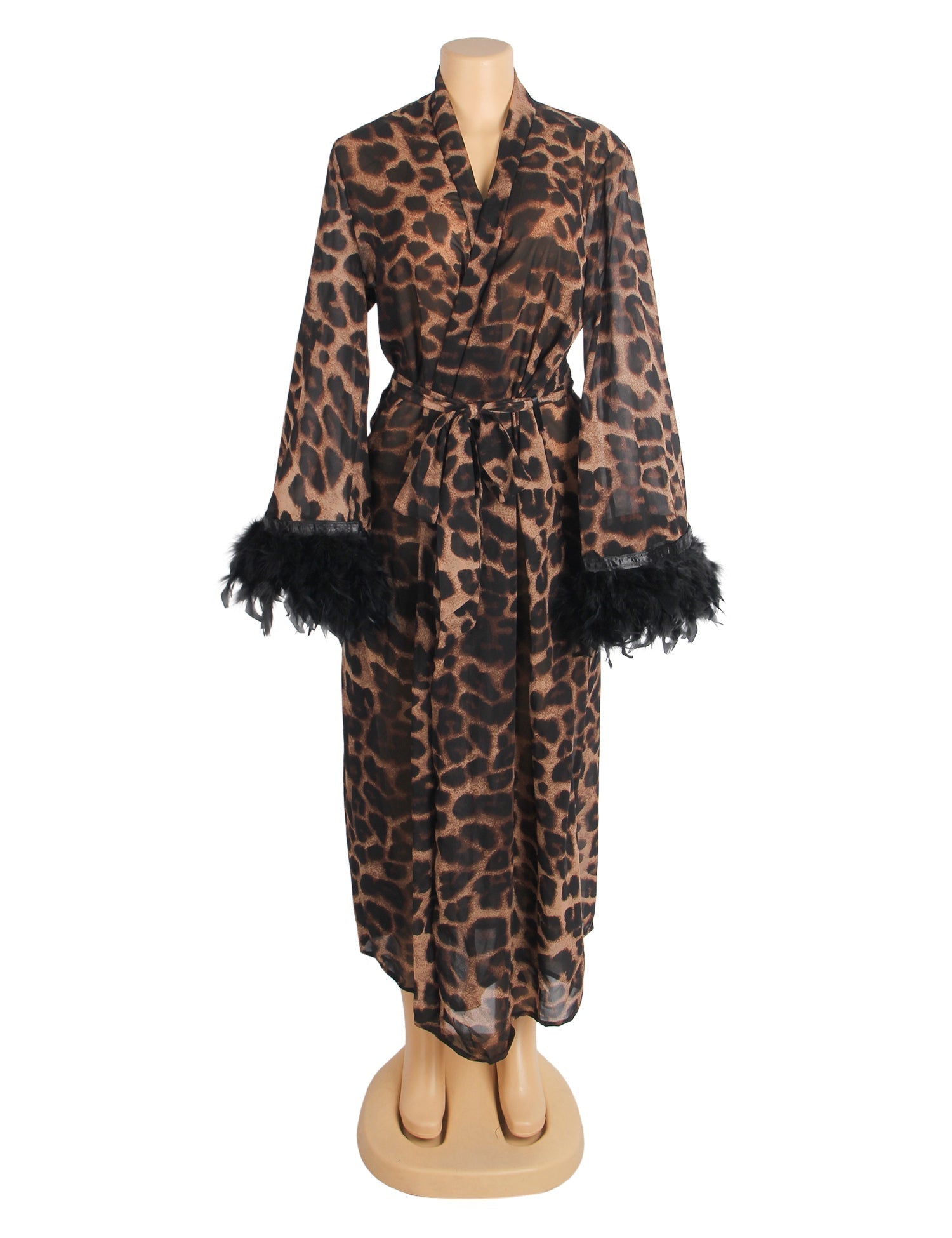 Leopard Print Chiffon Robe – Detachable Feather Cuffs, Open Front & Belt - TeaseFashion