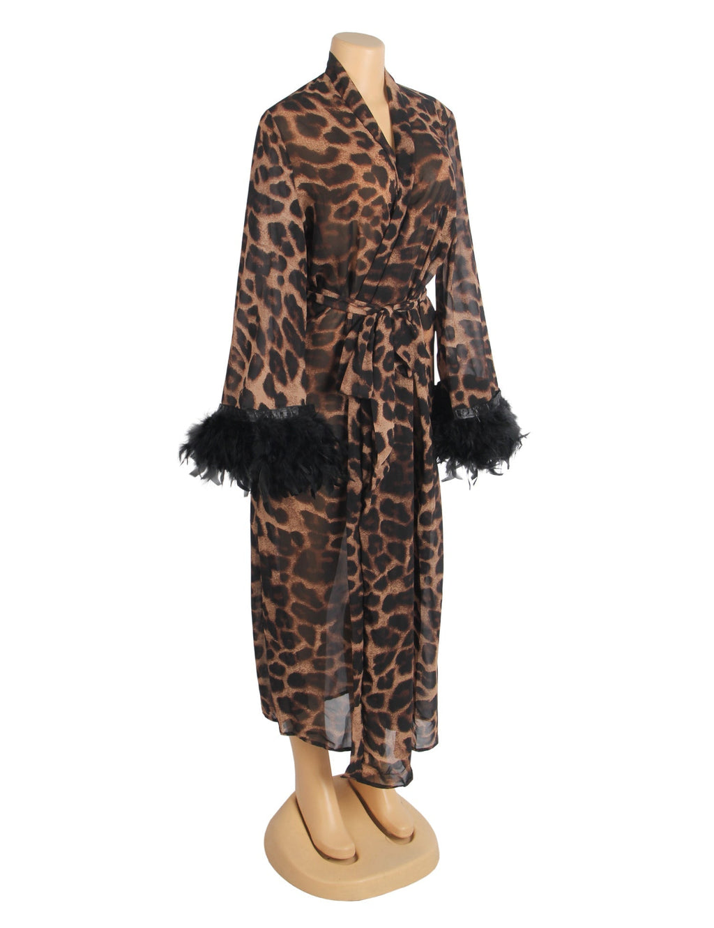 Leopard Print Chiffon Robe – Detachable Feather Cuffs, Open Front & Belt - TeaseFashion