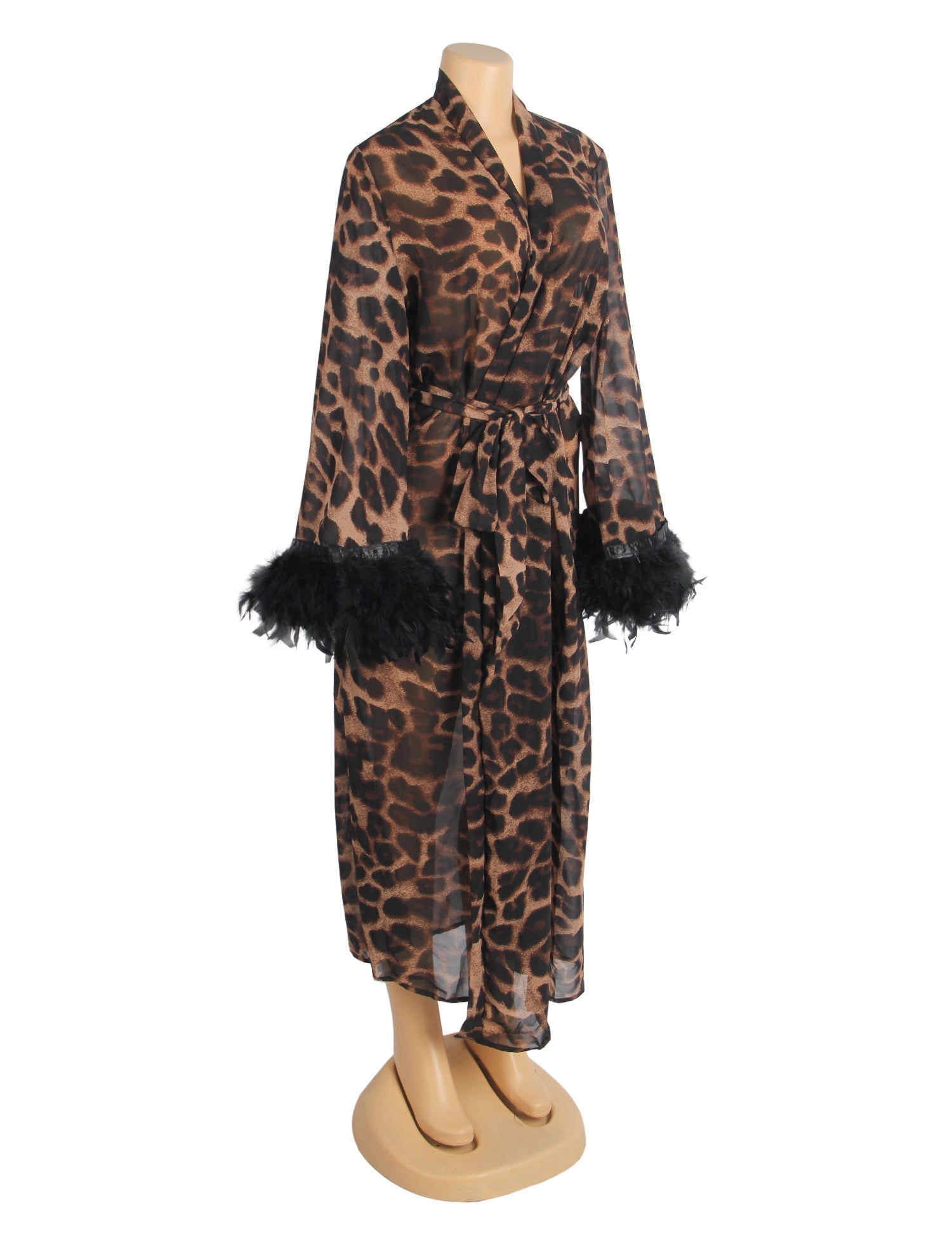 Leopard Print Chiffon Robe – Detachable Feather Cuffs, Open Front & Belt - TeaseFashion