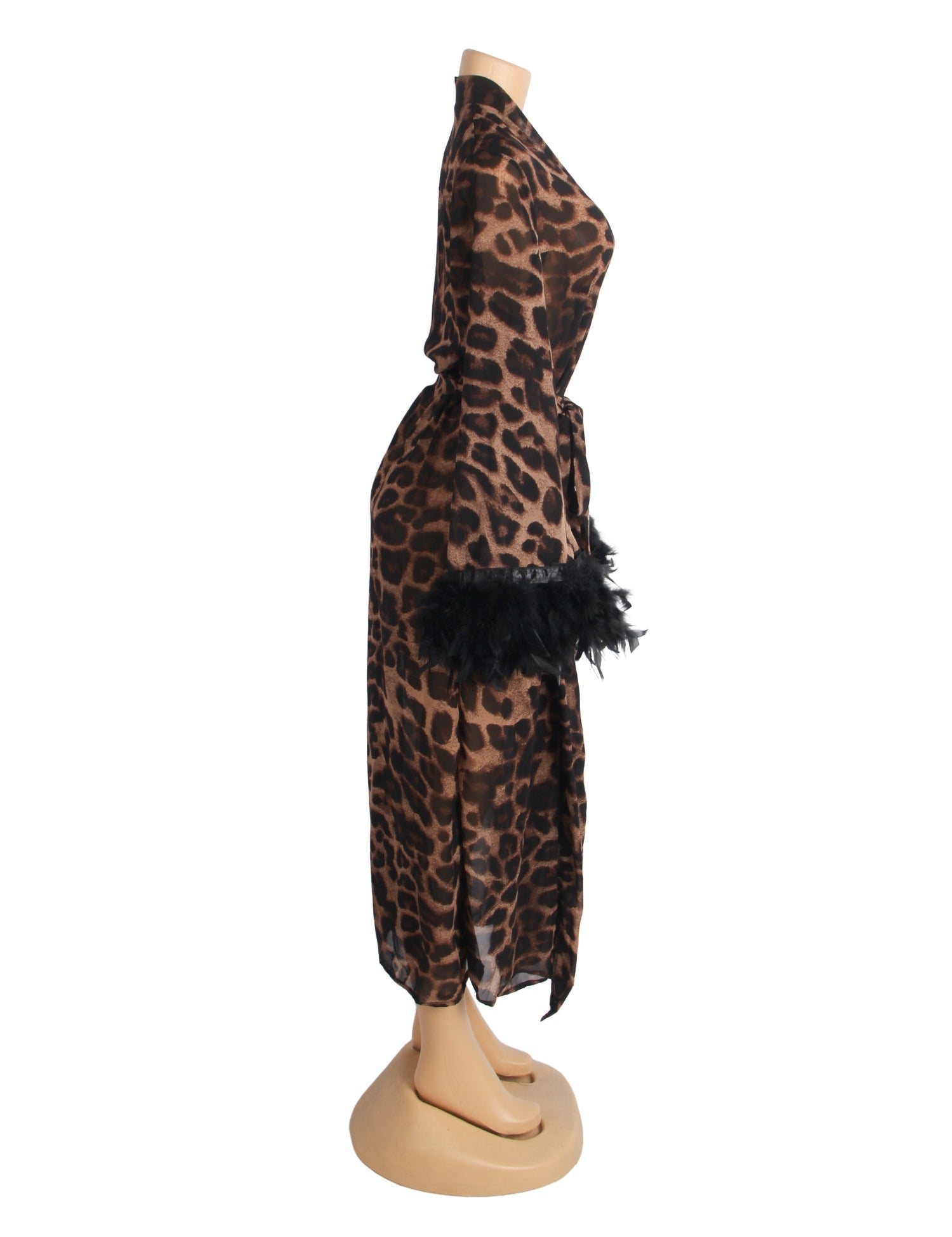 Leopard Print Chiffon Robe – Detachable Feather Cuffs, Open Front & Belt - TeaseFashion