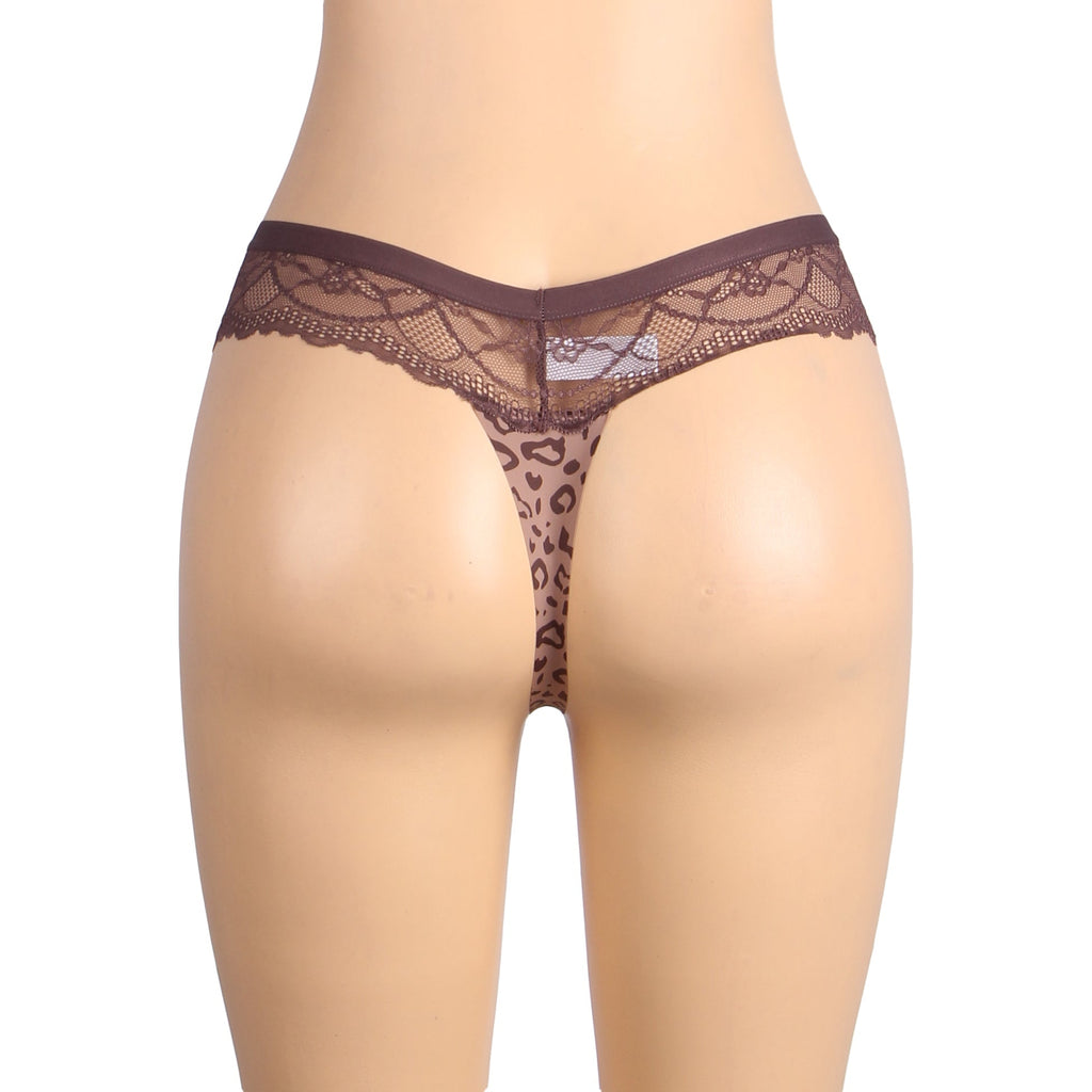 Leopard Print Ice Silk Seamless Thong – Lace Elastic Waistband - TeaseFashion