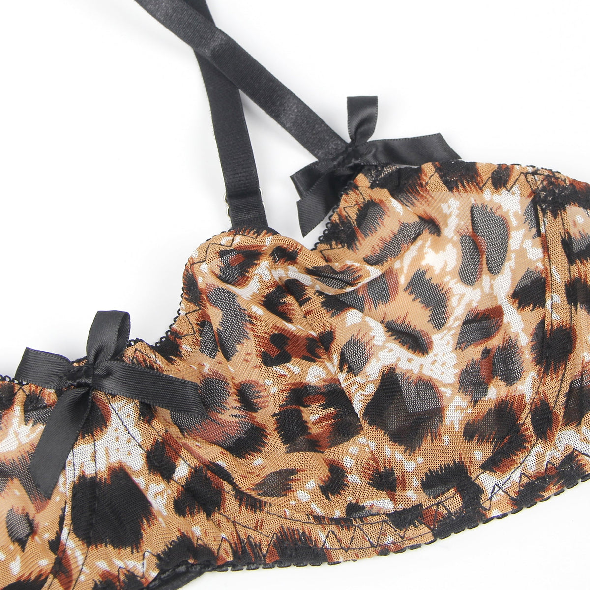 Leopard Print Mesh Bra Garter Set – Bow Detail & Detachable Leg Straps - TeaseFashion