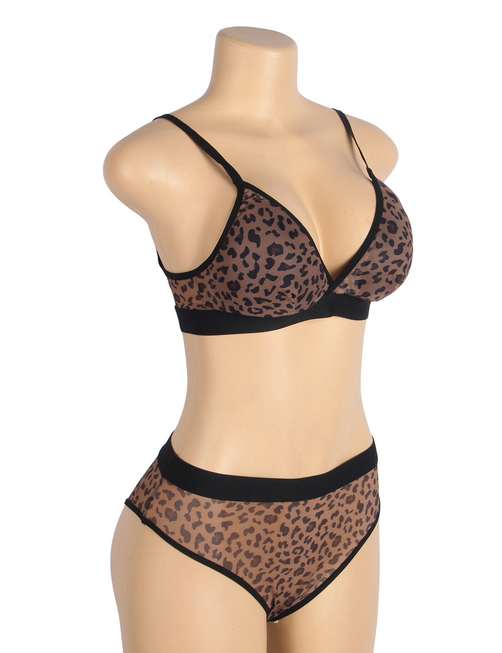 Leopard Print Mesh Bra Set – Deep V, Wire - Free & Removable Pads - TeaseFashion