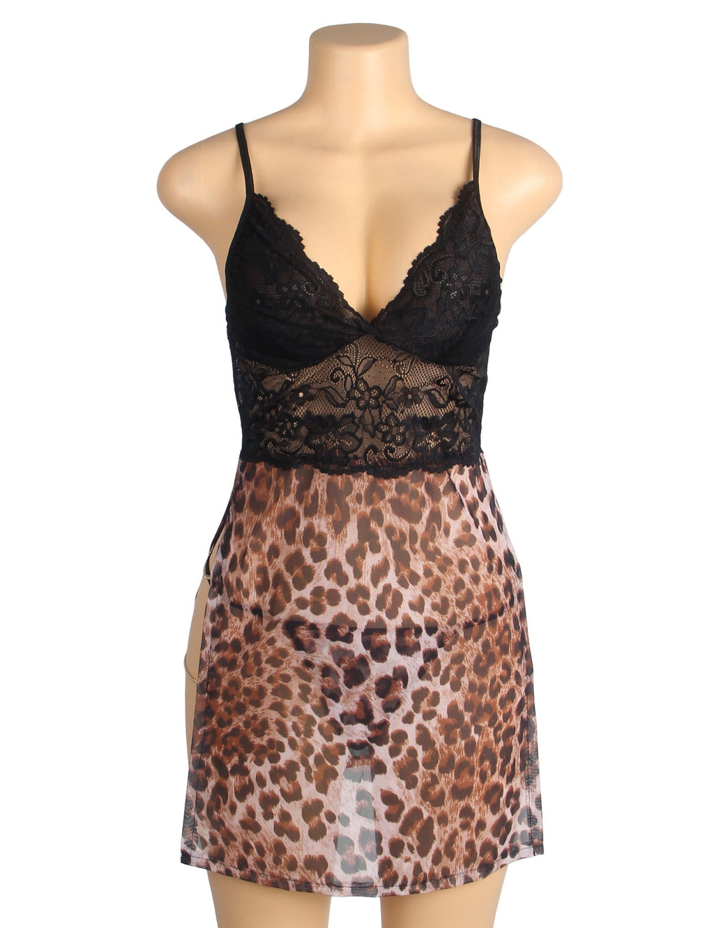 Leopard Print Mesh & Lace Deep V - Neck Babydoll with Double High Split, Metal Chain Detail & Thong Set - TeaseFashion