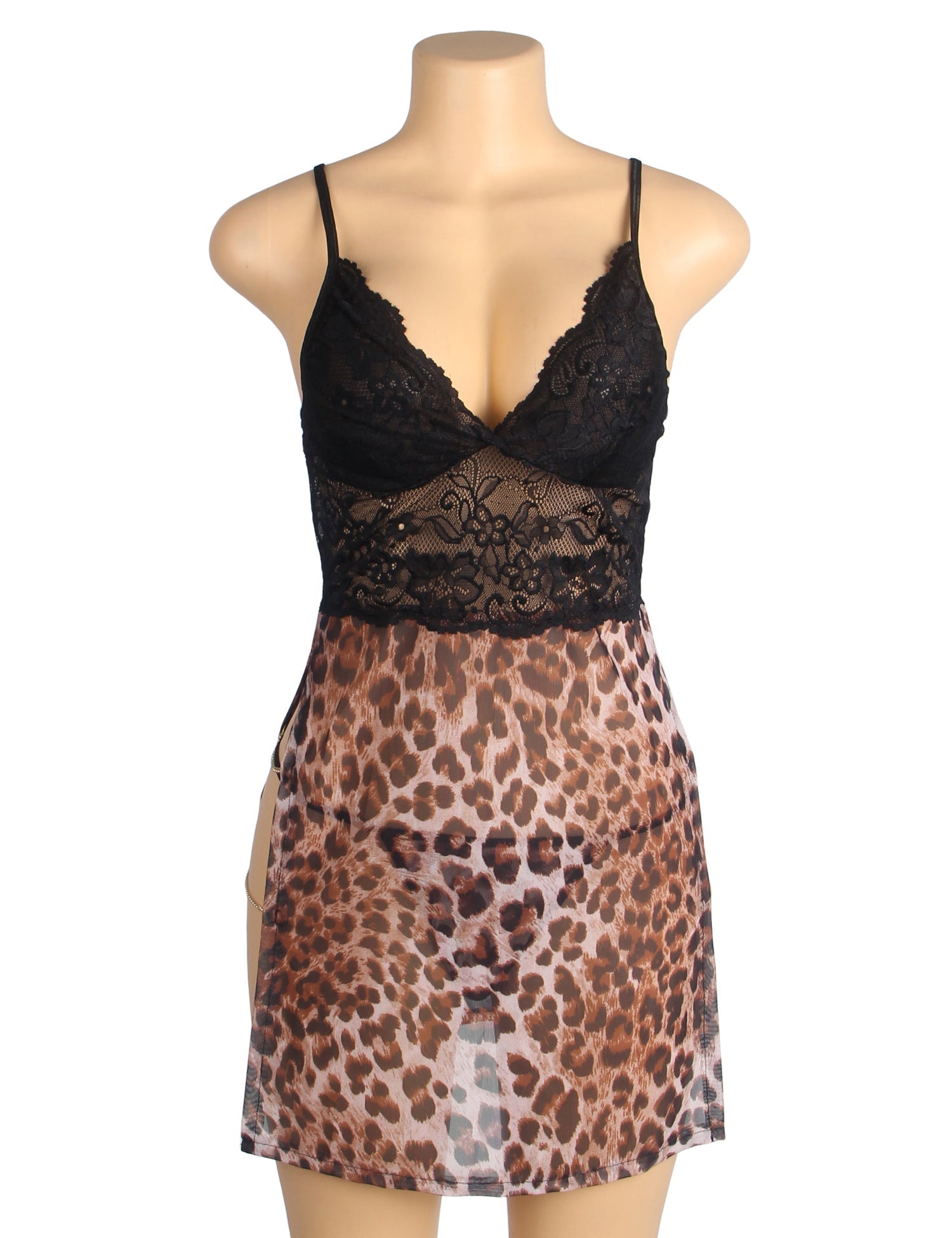 Leopard Print Mesh & Lace Deep V - Neck Babydoll with Double High Split, Metal Chain Detail & Thong Set - TeaseFashion