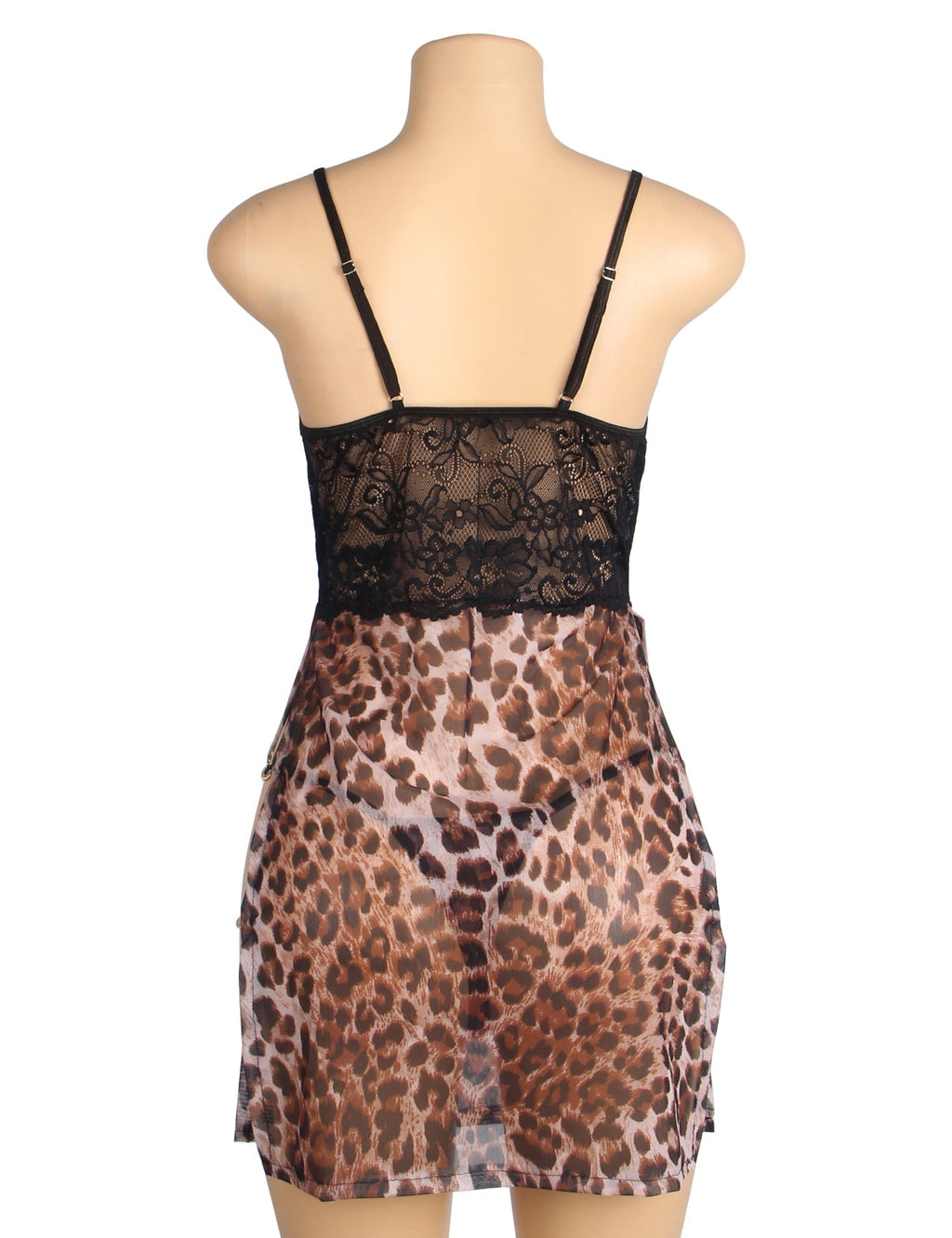 Leopard Print Mesh & Lace Deep V - Neck Babydoll with Double High Split, Metal Chain Detail & Thong Set - TeaseFashion