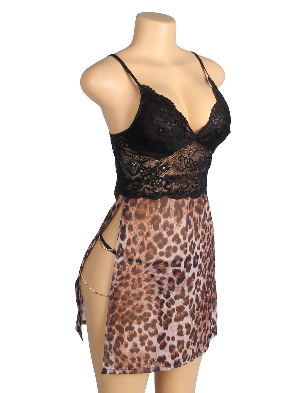 Leopard Print Mesh & Lace Deep V - Neck Babydoll with Double High Split, Metal Chain Detail & Thong Set - TeaseFashion