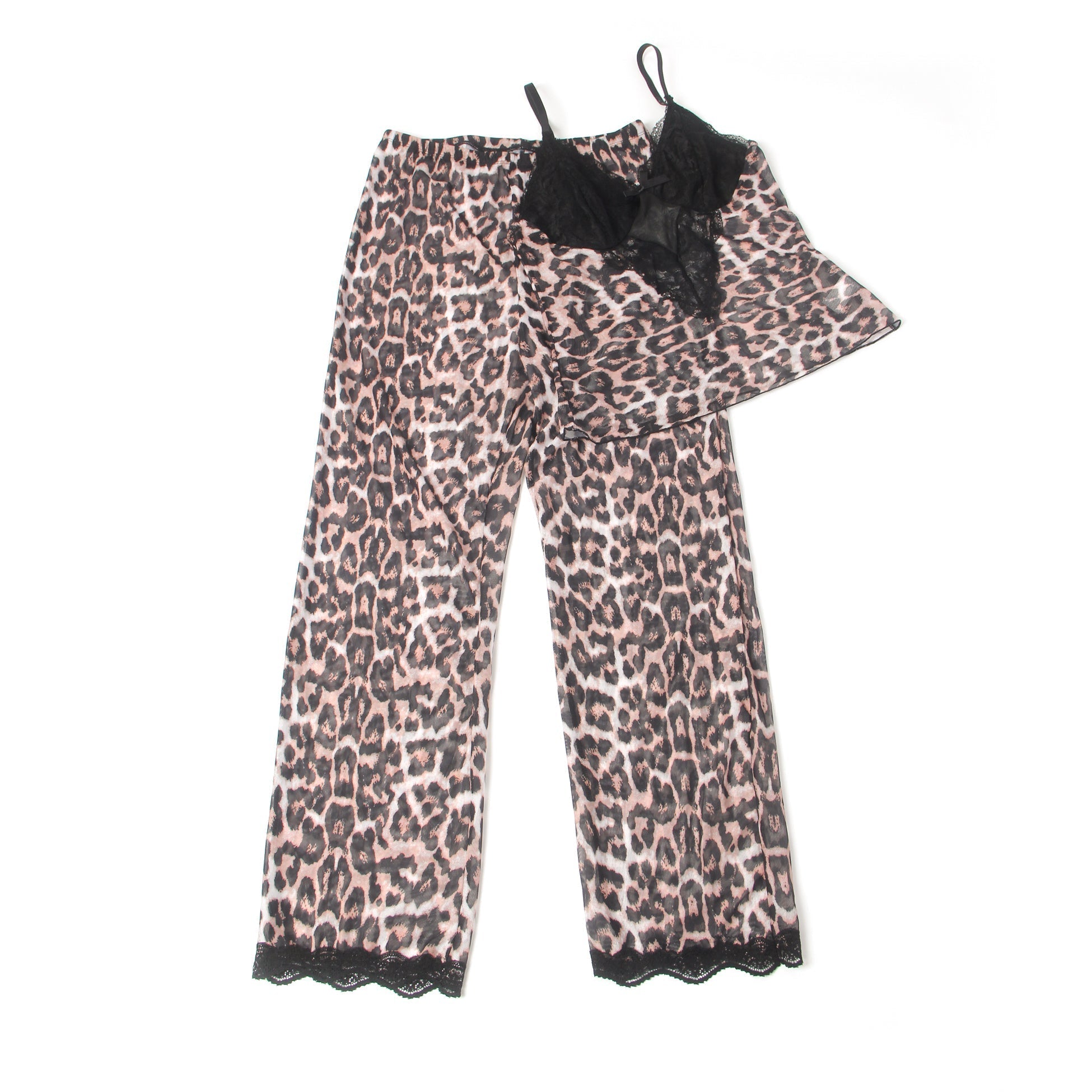Leopard Print Mesh & Lace Deep V - Neck Camisole & Pants Pyjama Set - TeaseFashion