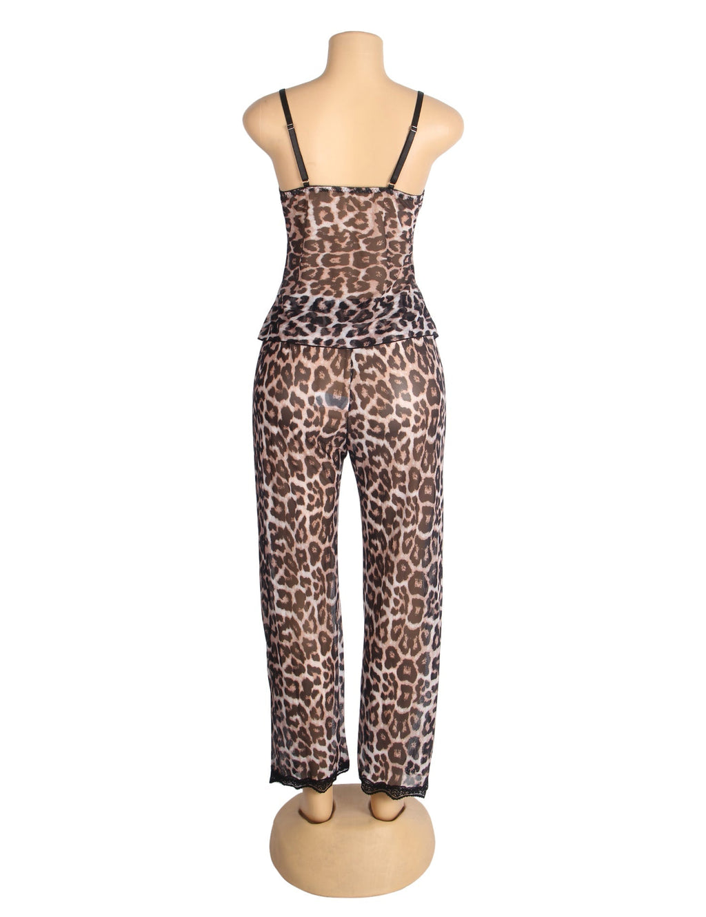 Leopard Print Mesh & Lace Deep V - Neck Camisole & Pants Pyjama Set - TeaseFashion