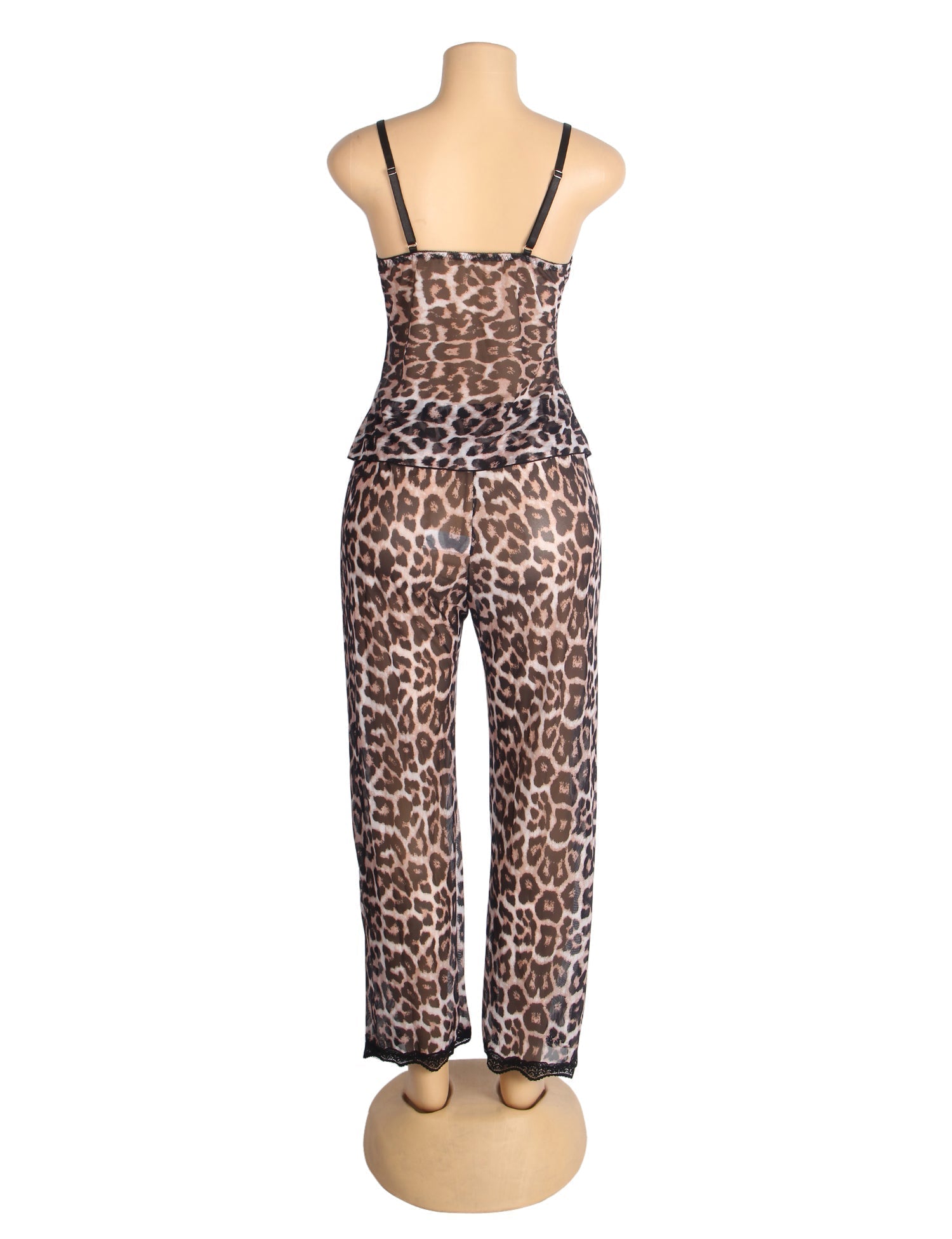 Leopard Print Mesh & Lace Deep V - Neck Camisole & Pants Pyjama Set - TeaseFashion