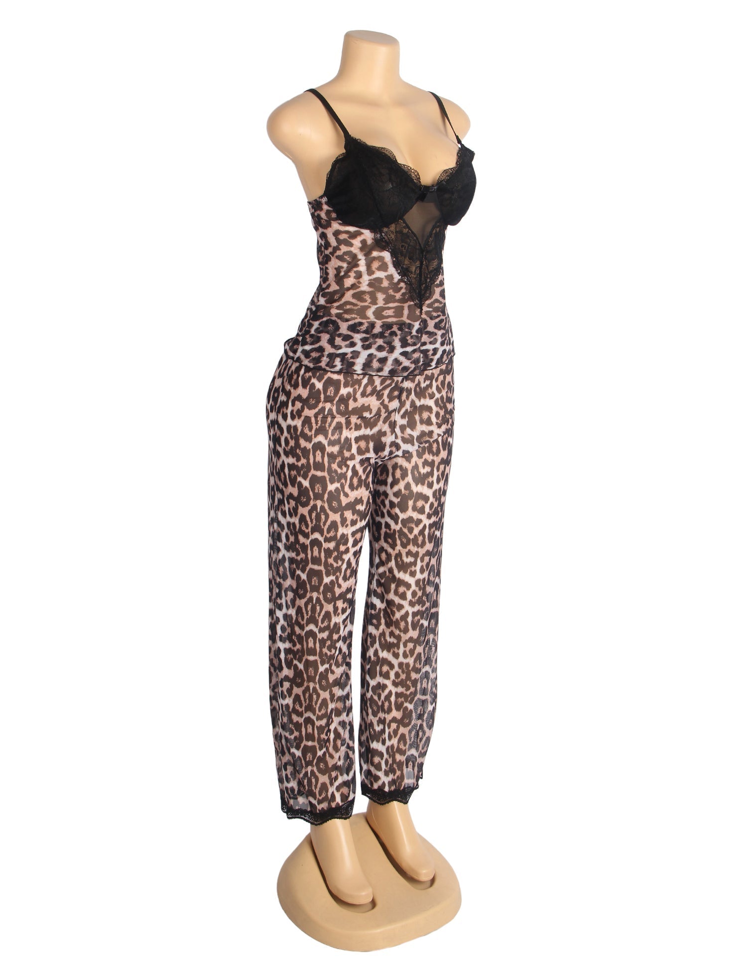 Leopard Print Mesh & Lace Deep V - Neck Camisole & Pants Pyjama Set - TeaseFashion