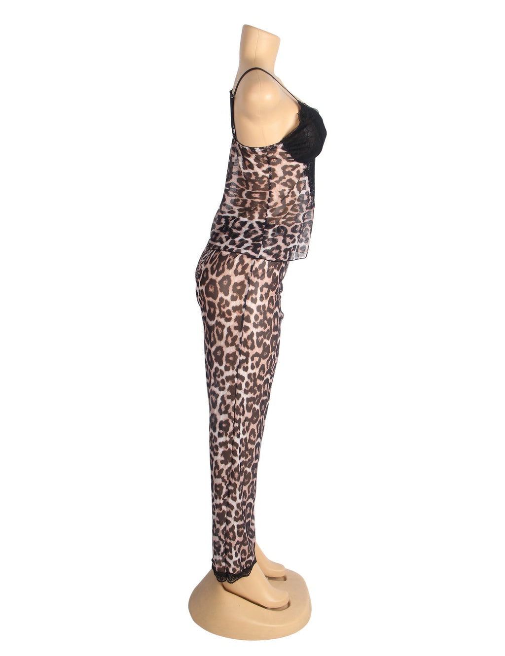 Leopard Print Mesh & Lace Deep V - Neck Camisole & Pants Pyjama Set - TeaseFashion