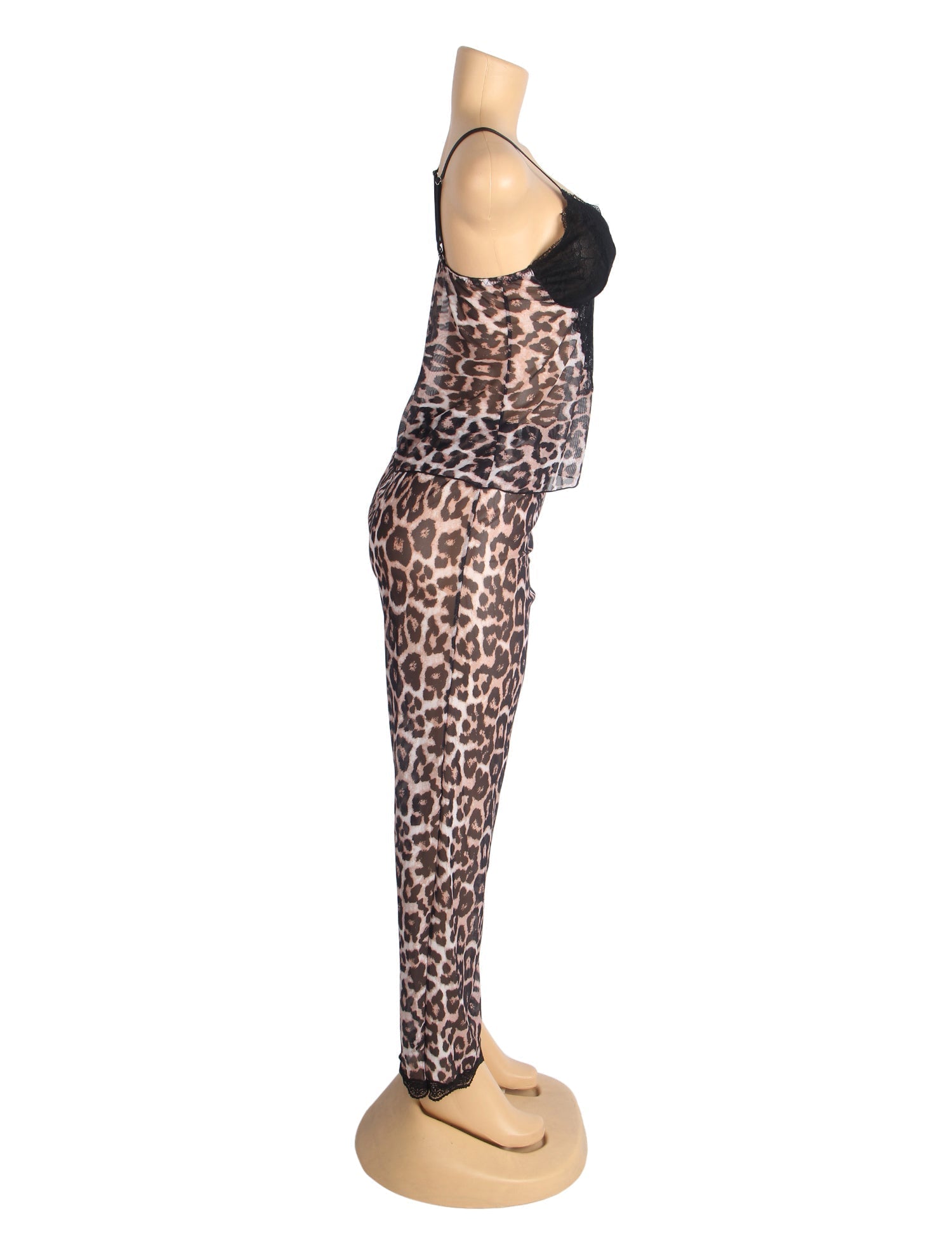 Leopard Print Mesh & Lace Deep V - Neck Camisole & Pants Pyjama Set - TeaseFashion