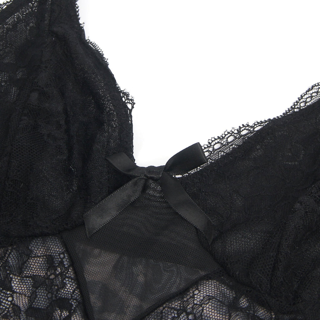 Leopard Print Mesh & Lace Deep V - Neck Jumpsuit – Open - Buckle Crotch Nightwear - TeaseFashion
