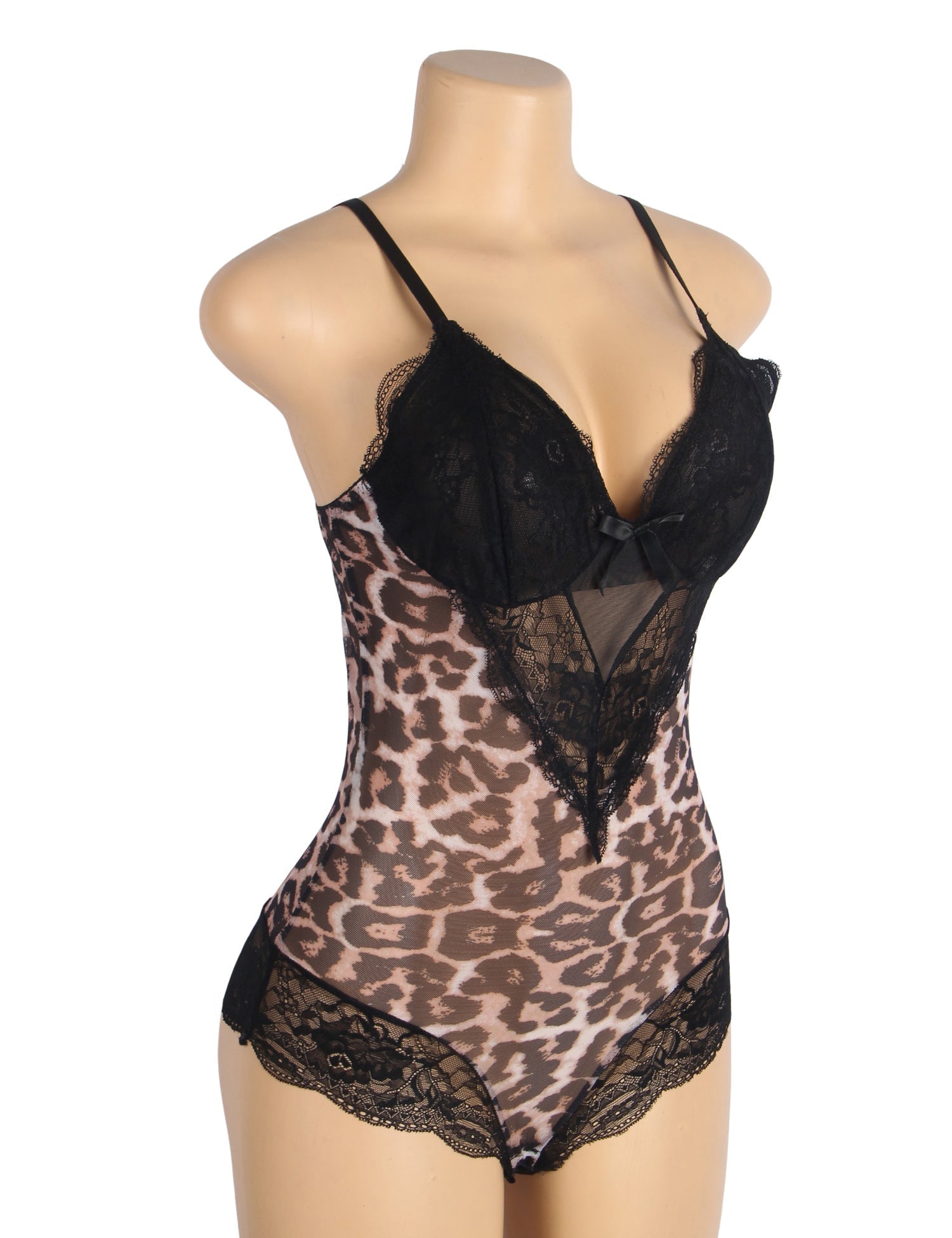 Leopard Print Mesh & Lace Deep V - Neck Jumpsuit – Open - Buckle Crotch Nightwear - TeaseFashion
