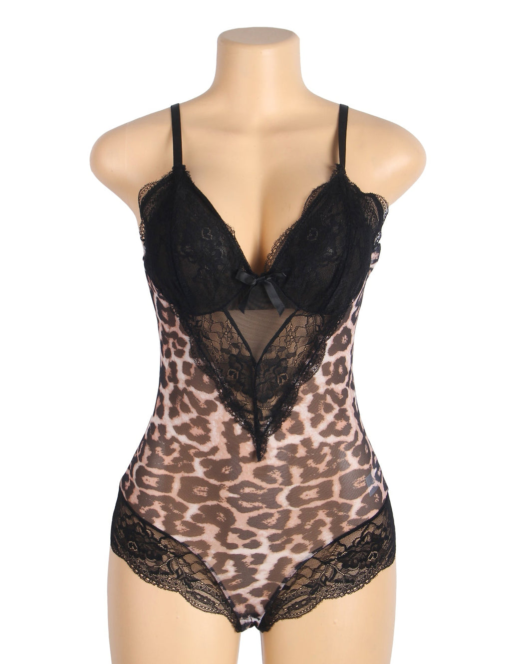 Leopard Print Mesh & Lace Deep V - Neck Jumpsuit – Open - Buckle Crotch Nightwear - TeaseFashion