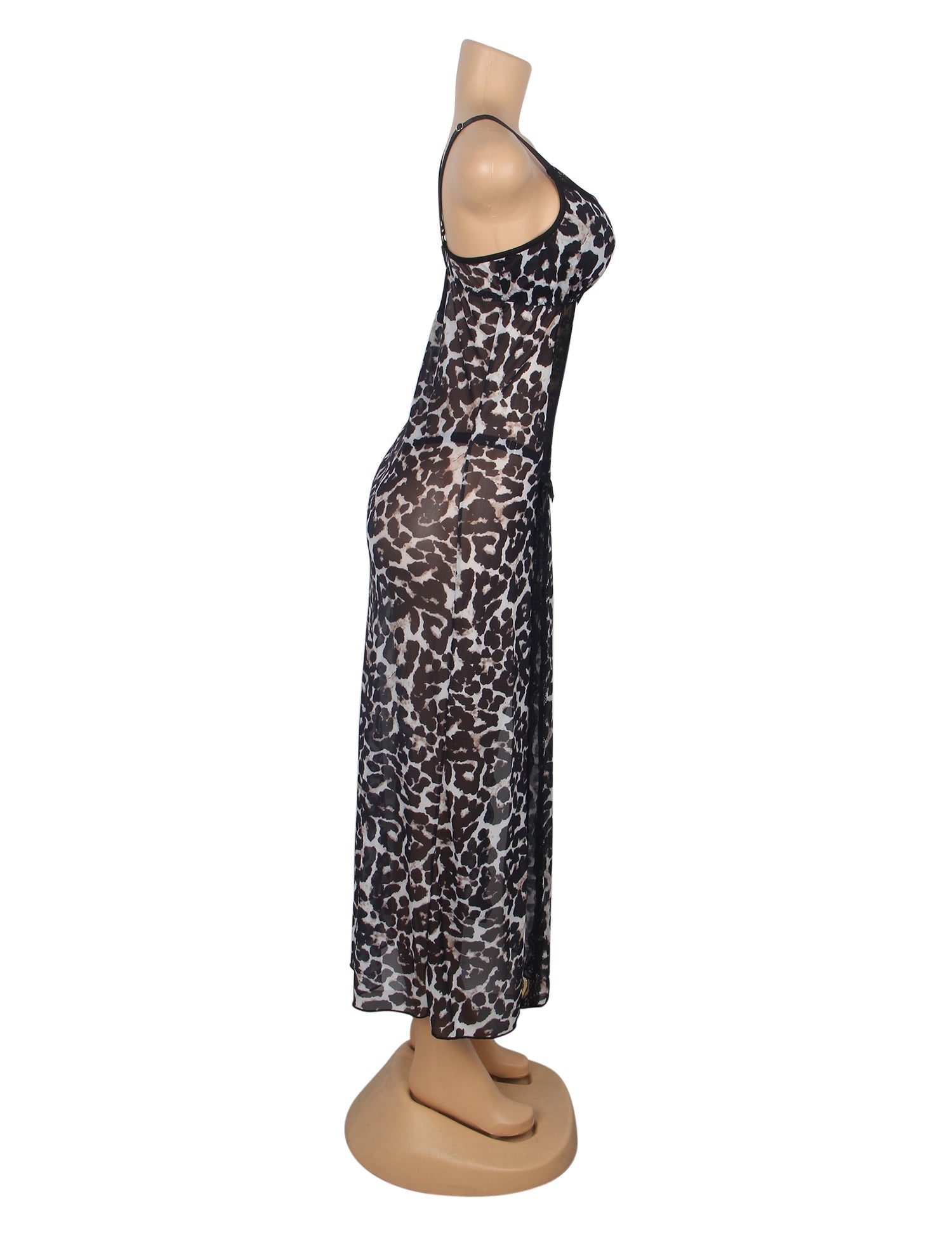 Leopard Print Mesh & Lace Nightgown – Open Back, Heart Neckline, Front Slit & T - Back - TeaseFashion