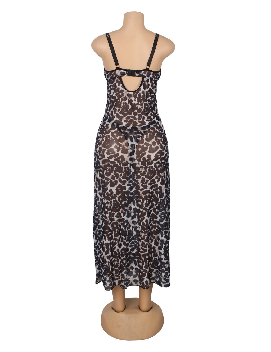 Leopard Print Mesh & Lace Nightgown – Open Back, Heart Neckline, Front Slit & T - Back - TeaseFashion