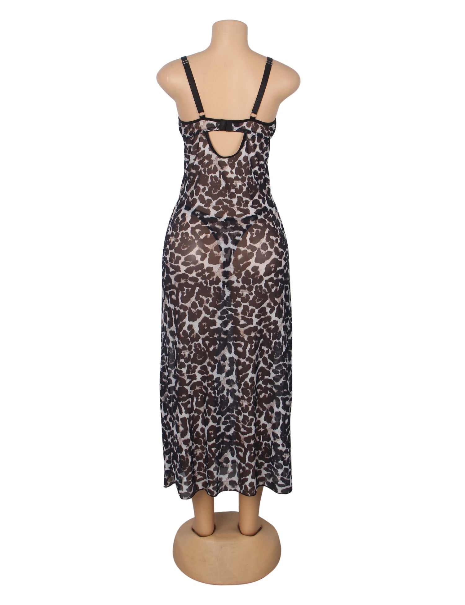 Leopard Print Mesh & Lace Nightgown – Open Back, Heart Neckline, Front Slit & T - Back - TeaseFashion