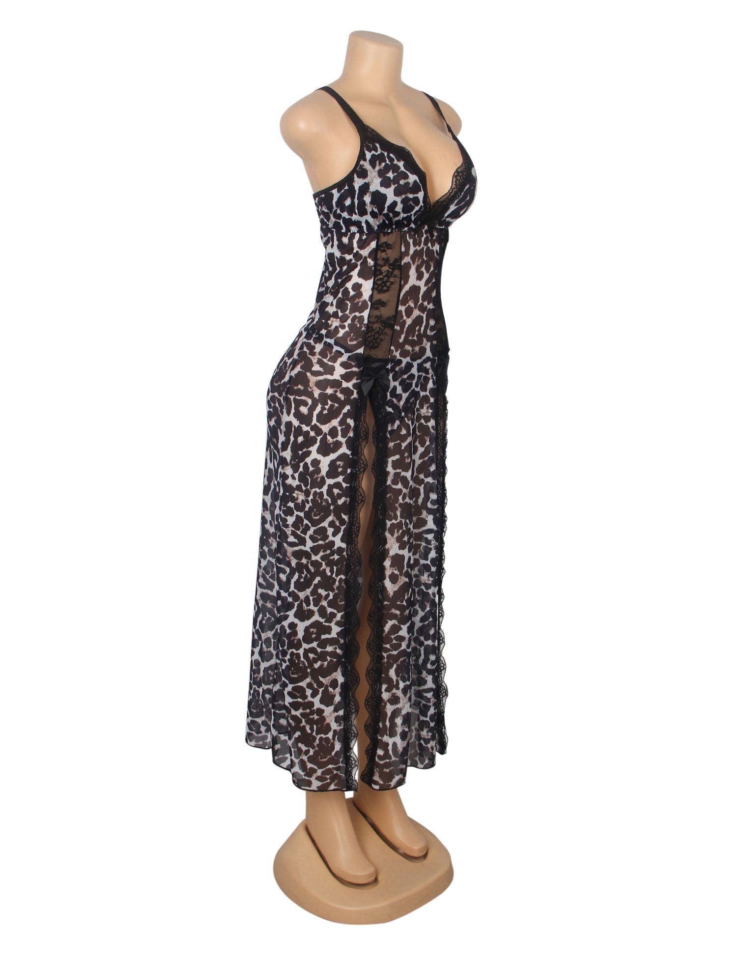 Leopard Print Mesh & Lace Nightgown – Open Back, Heart Neckline, Front Slit & T - Back - TeaseFashion