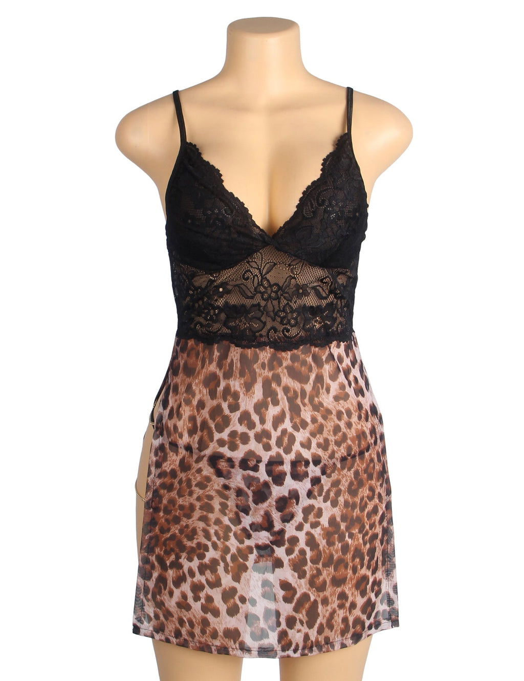 Leopard Print Mesh Lace Side Slit Sexy Lingerie With Chains - TeaseFashion