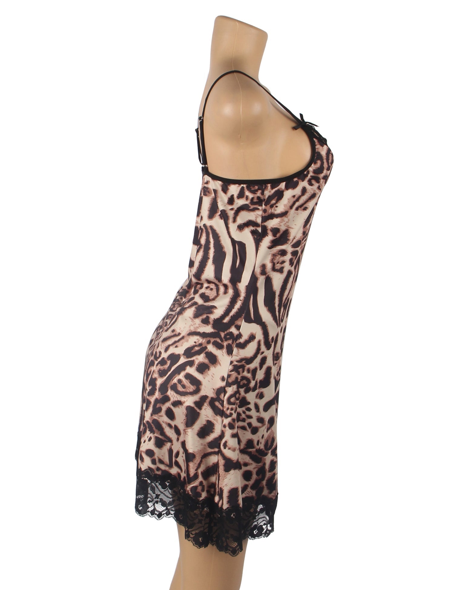 Leopard Print Milk Silk Babydoll Nightgown – Lace Trim, Bow Straps & Thong Set - TeaseFashion