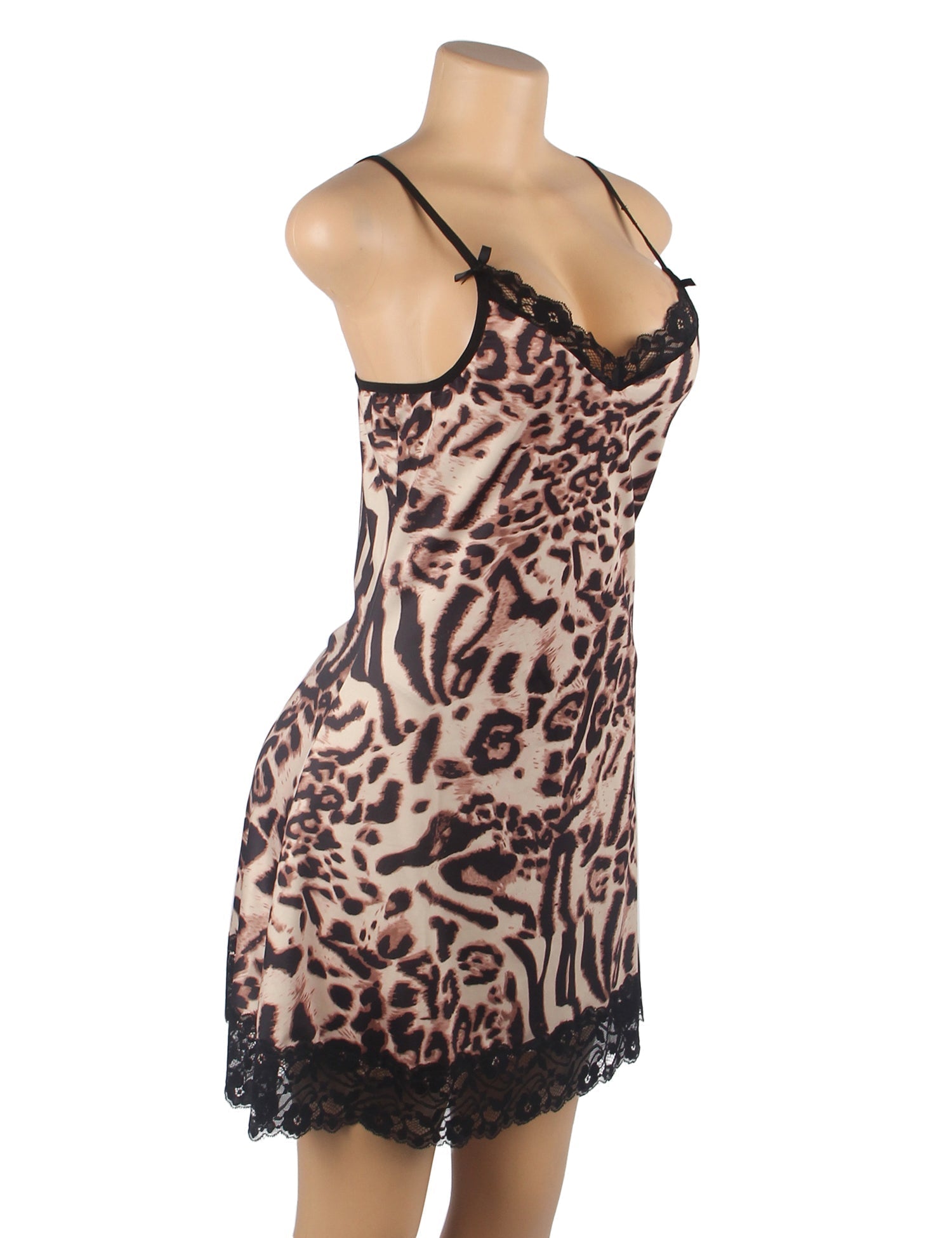 Leopard Print Milk Silk Babydoll Nightgown – Lace Trim, Bow Straps & Thong Set - TeaseFashion