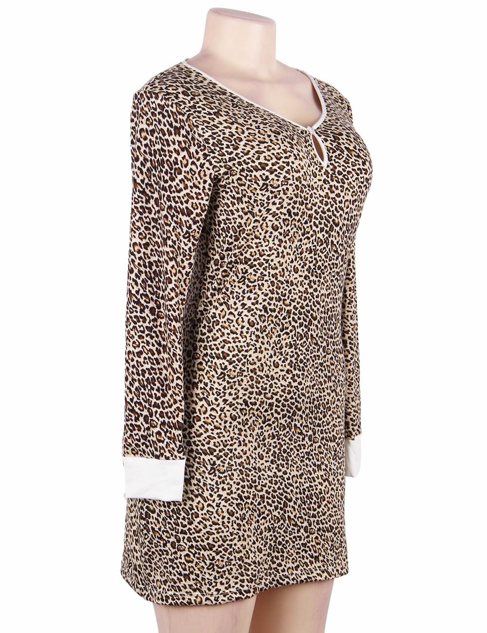 Leopard Print Milk Silk Long - Sleeve Top & Short Skirt Pyjama Set – Round Neck with Hollow Detail - TeaseFashion