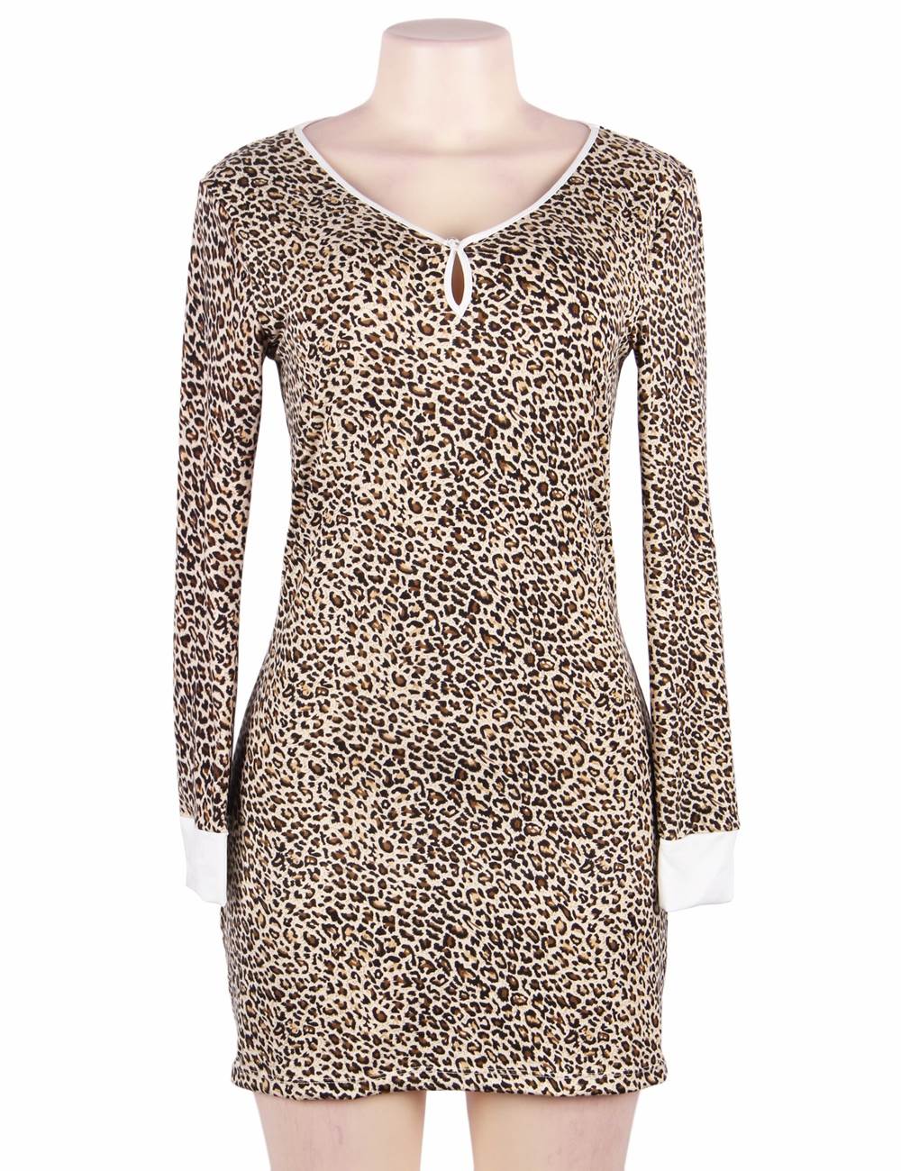 Leopard Print Milk Silk Long - Sleeve Top & Short Skirt Pyjama Set – Round Neck with Hollow Detail - TeaseFashion