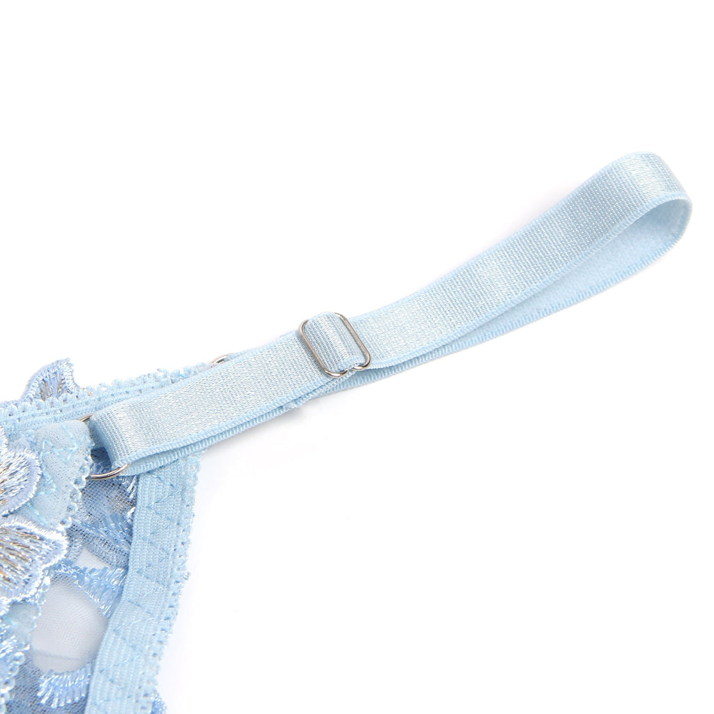 Light Blue Floral Mesh Embroidery Bra Set – Underwire & 3D Lace - TeaseFashion