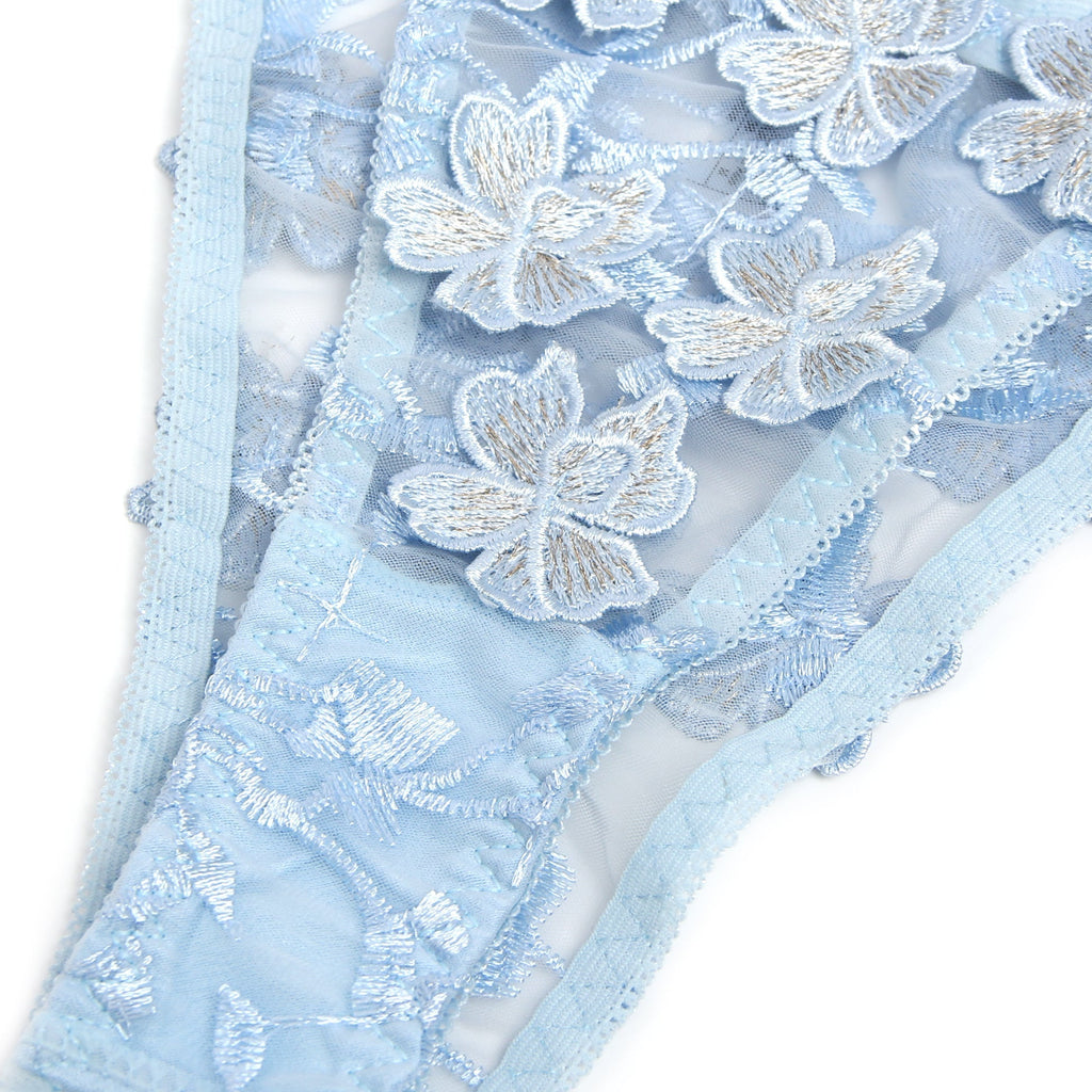 Light Blue Floral Mesh Embroidery Bra Set – Underwire & 3D Lace - TeaseFashion