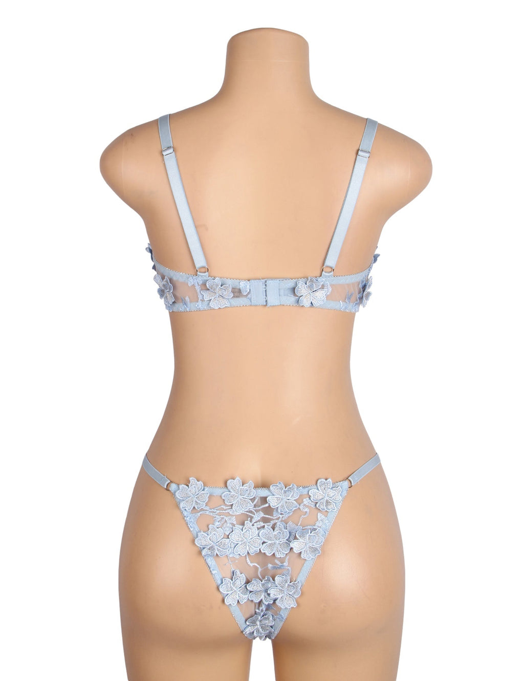 Light Blue Floral Mesh Embroidery Bra Set – Underwire & 3D Lace - TeaseFashion