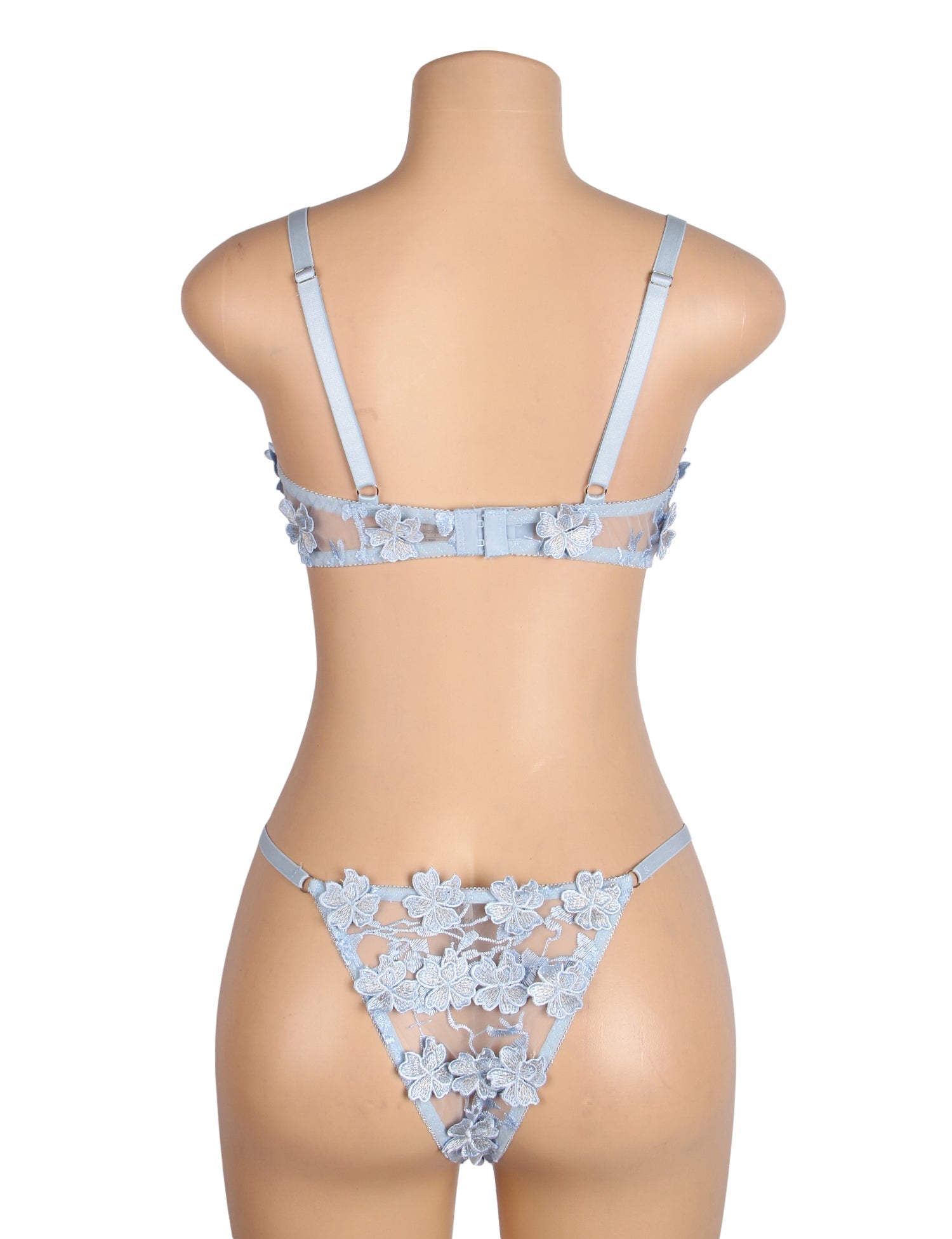 Light Blue Floral Mesh Embroidery Bra Set – Underwire & 3D Lace - TeaseFashion