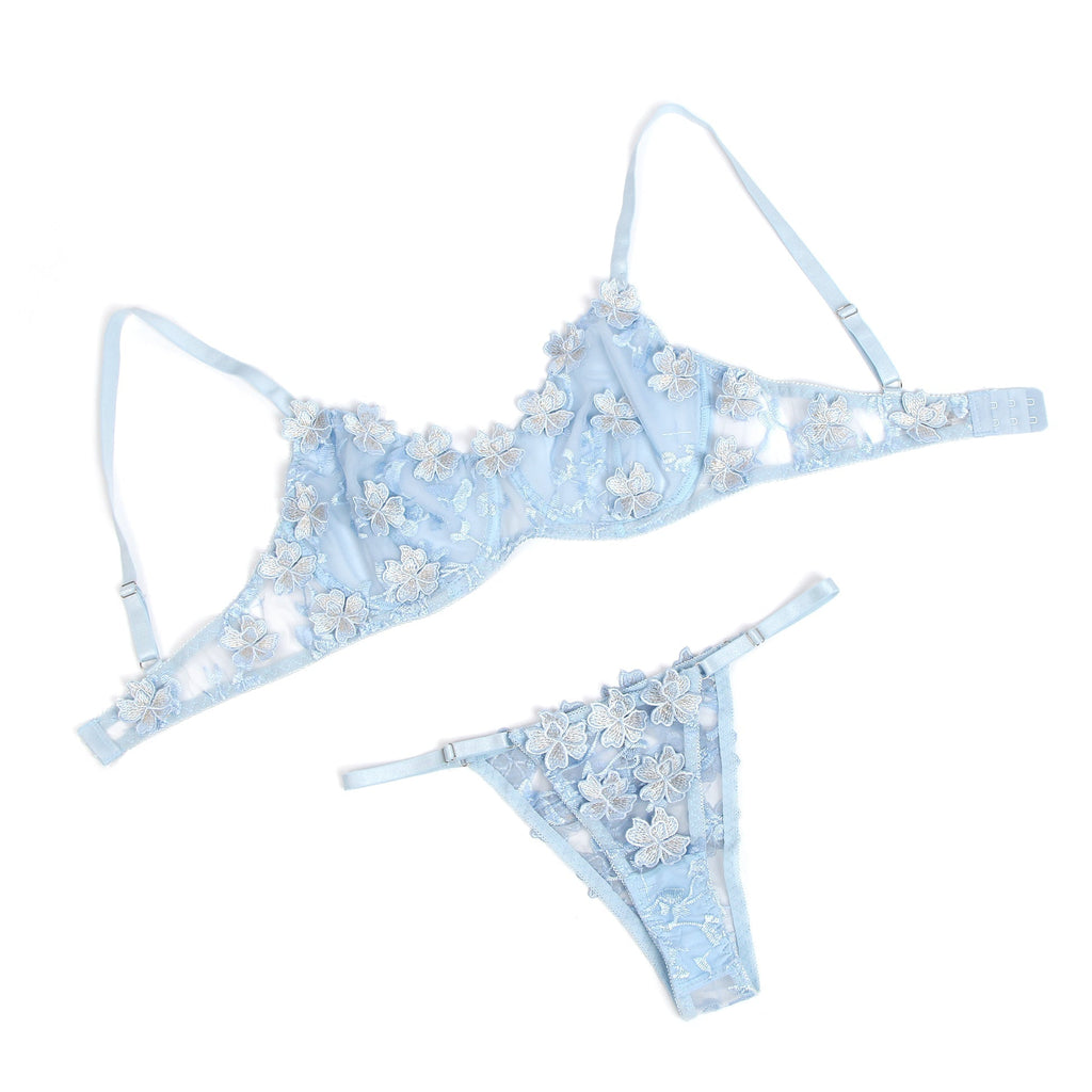 Light Blue Floral Mesh Embroidery Bra Set – Underwire & 3D Lace - TeaseFashion